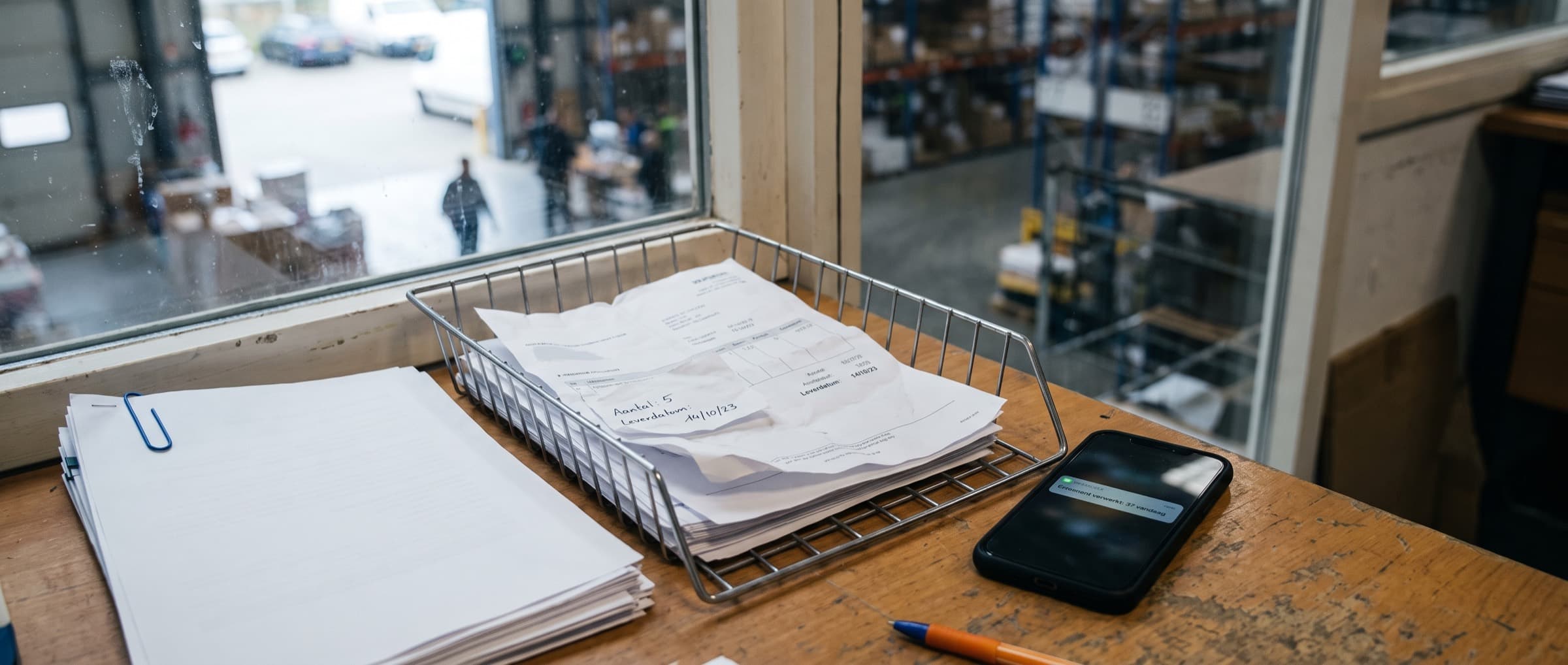 Bijna lege postbak met een paar pakbonnen en facturen op een bureau in een groothandel