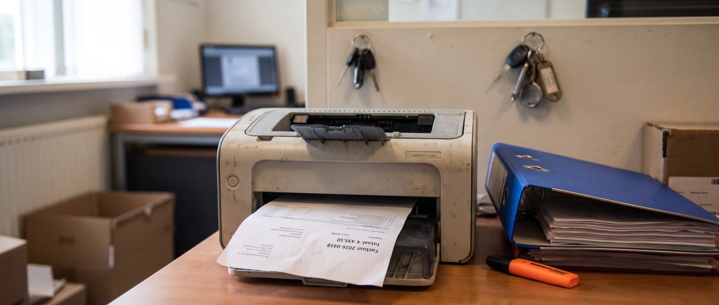 Printer in een installatiebedrijf met een factuur in de uitvoerbak