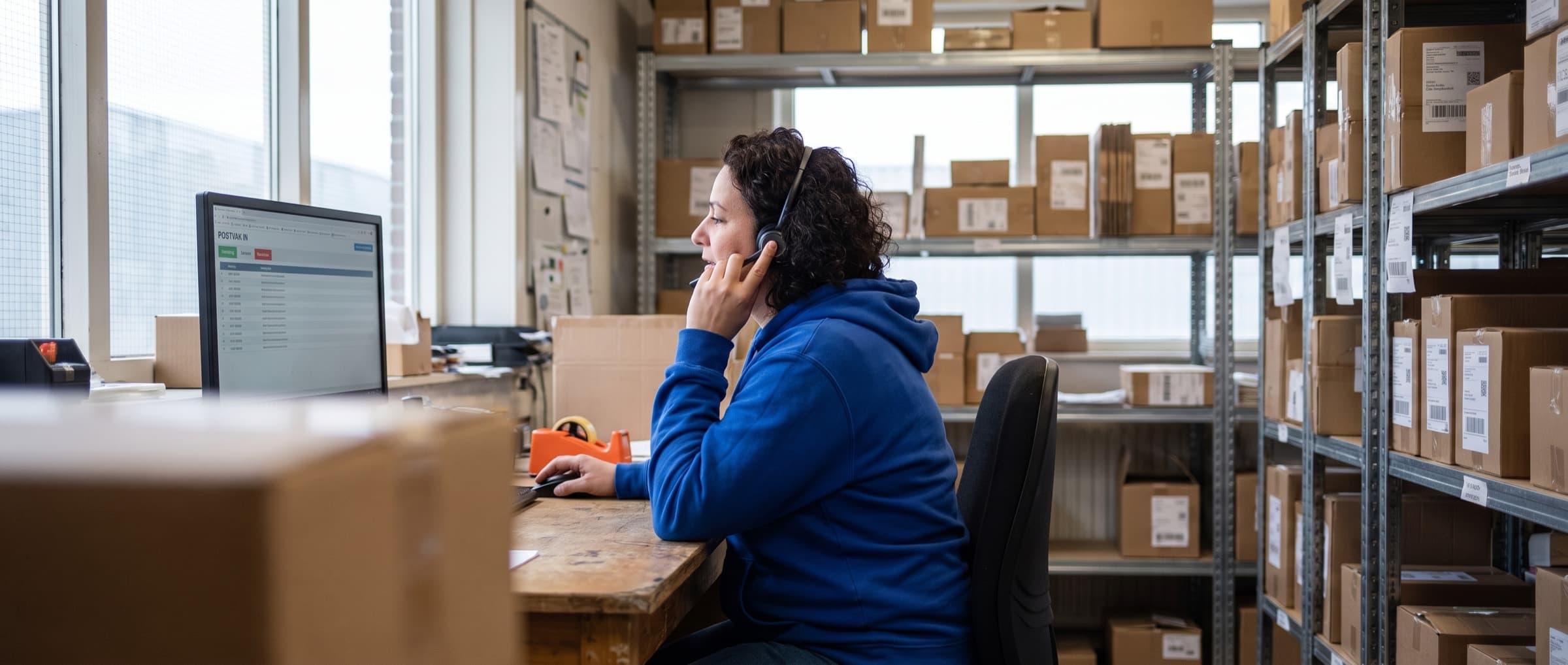 Medewerker van een webshop helpt een klant telefonisch, met pakketten op de achtergrond