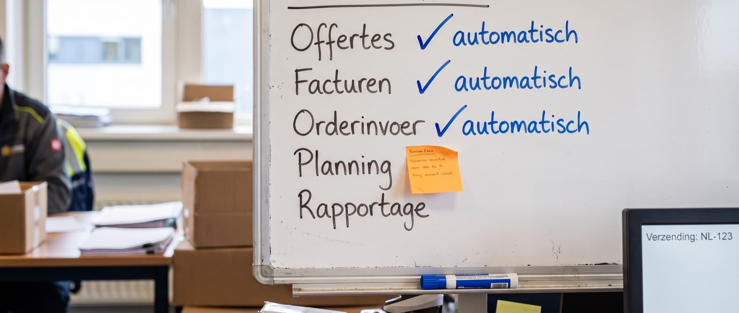 Whiteboard in een kantoor met een lijst bedrijfsprocessen waarvan een deel is afgevinkt
