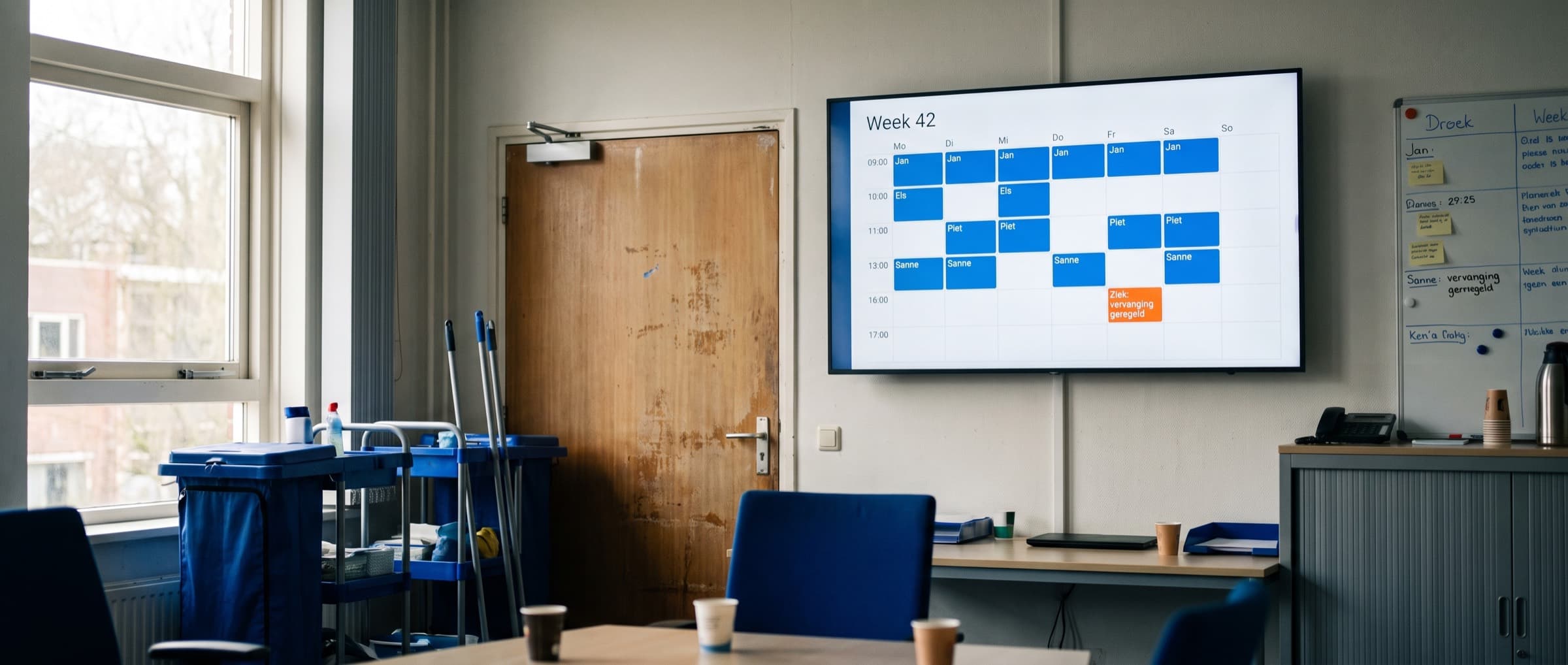 Planbord aan de muur van een schoonmaakbedrijf met een volledig ingevulde week
