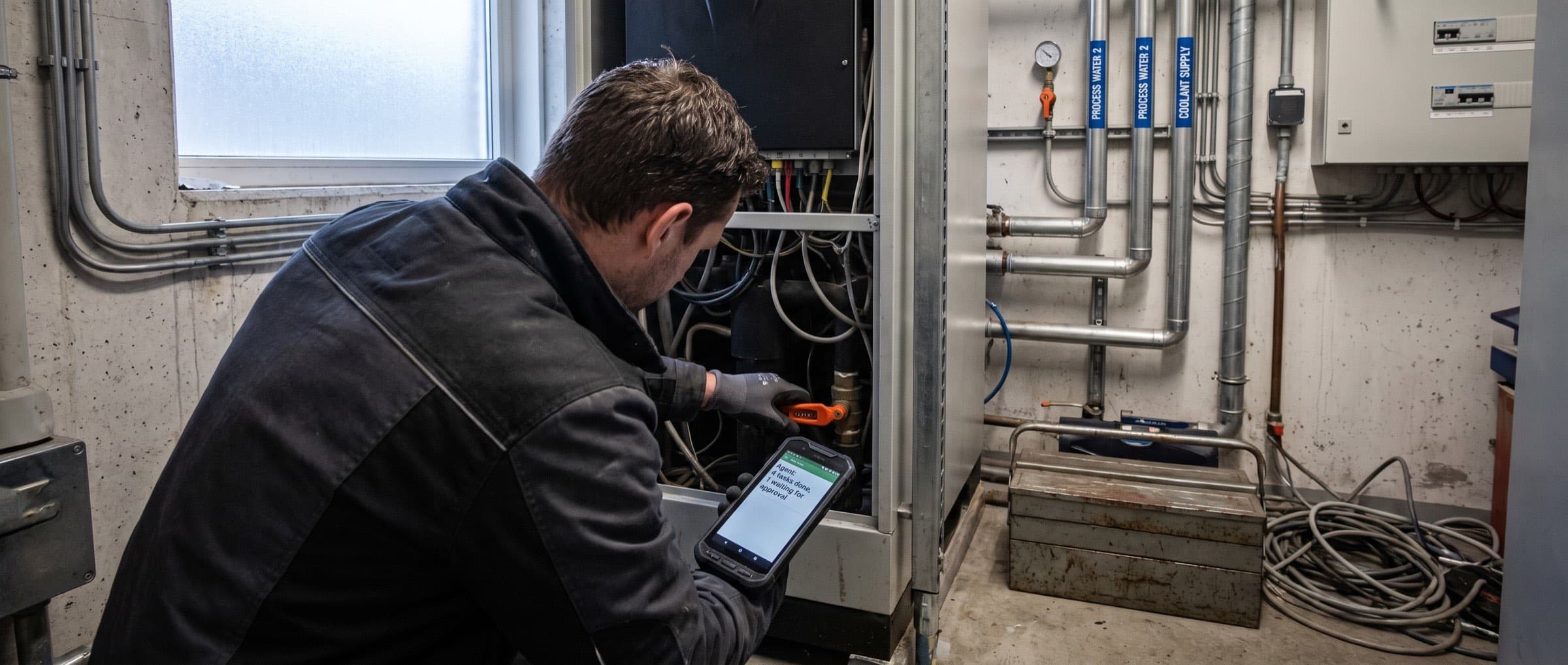 Field engineer checks on his phone which tasks the agent has completed
