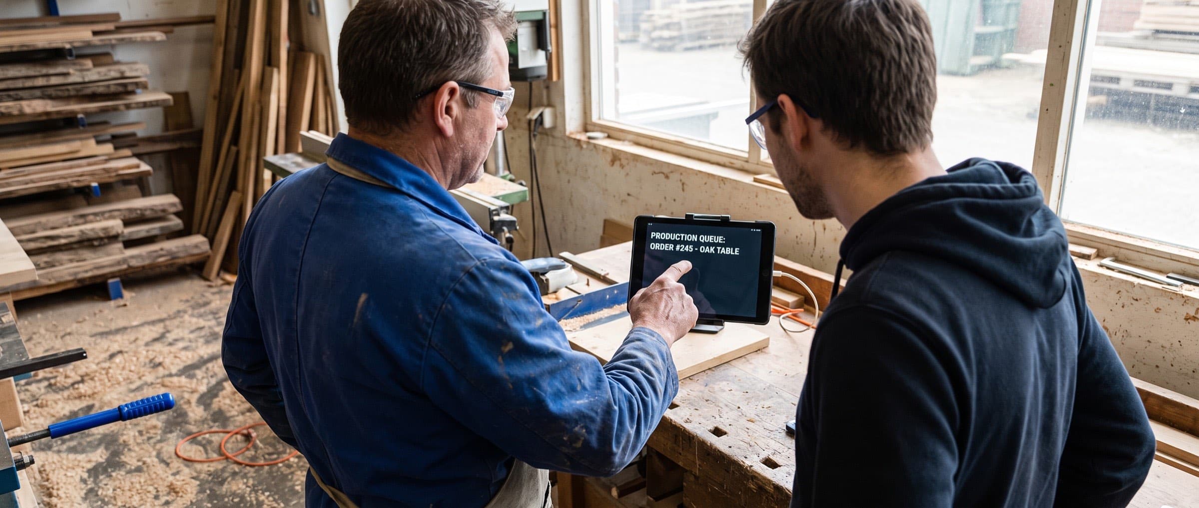 A client shows a builder how the software is used in his workshop