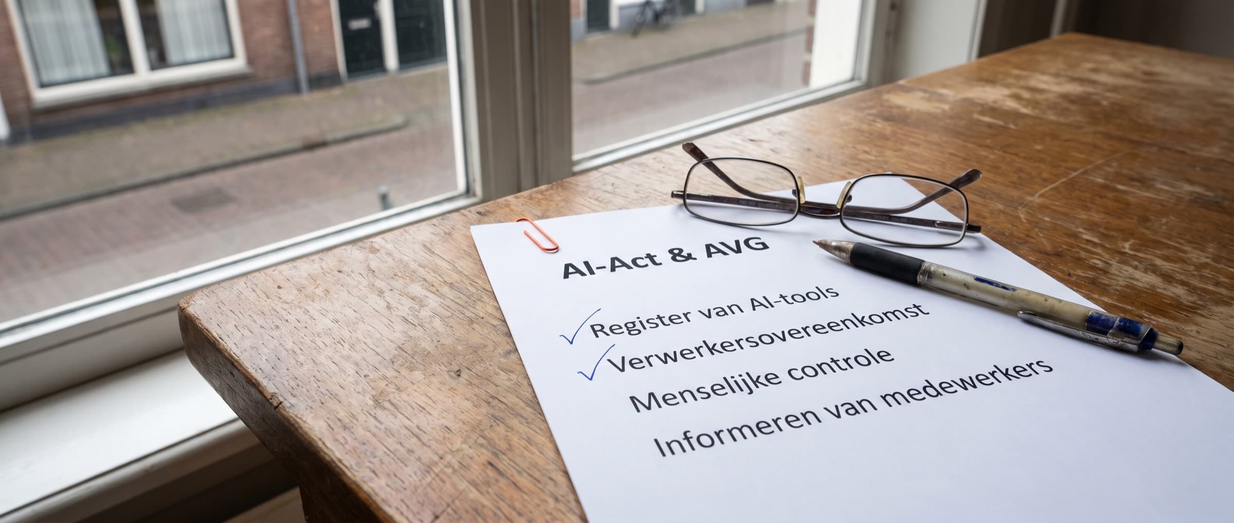 Uitgeprinte checklist voor AI-Act en AVG met een pen erop