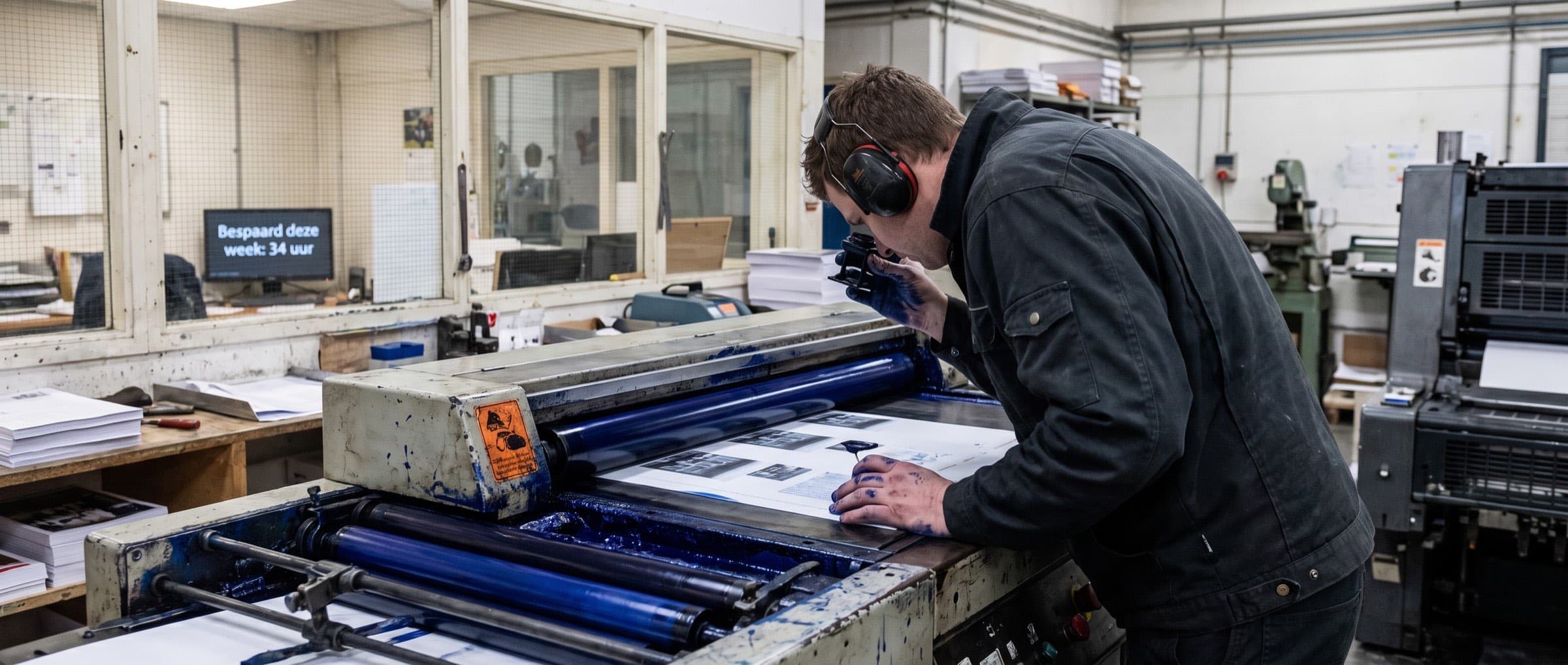 Medewerker van een drukkerij werkt aan de pers