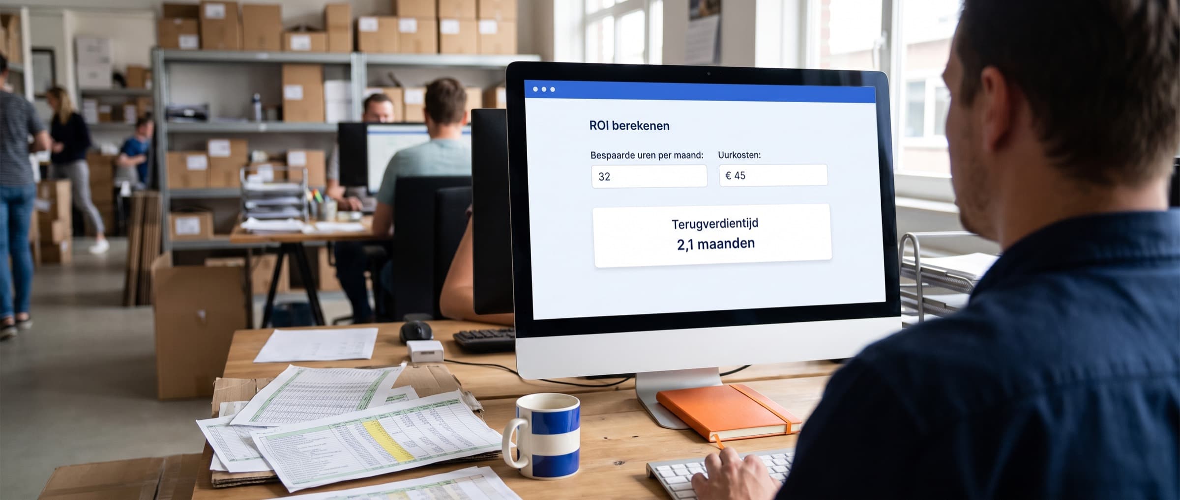 Medewerker vult een ROI-berekening in met bespaarde uren en uurkosten