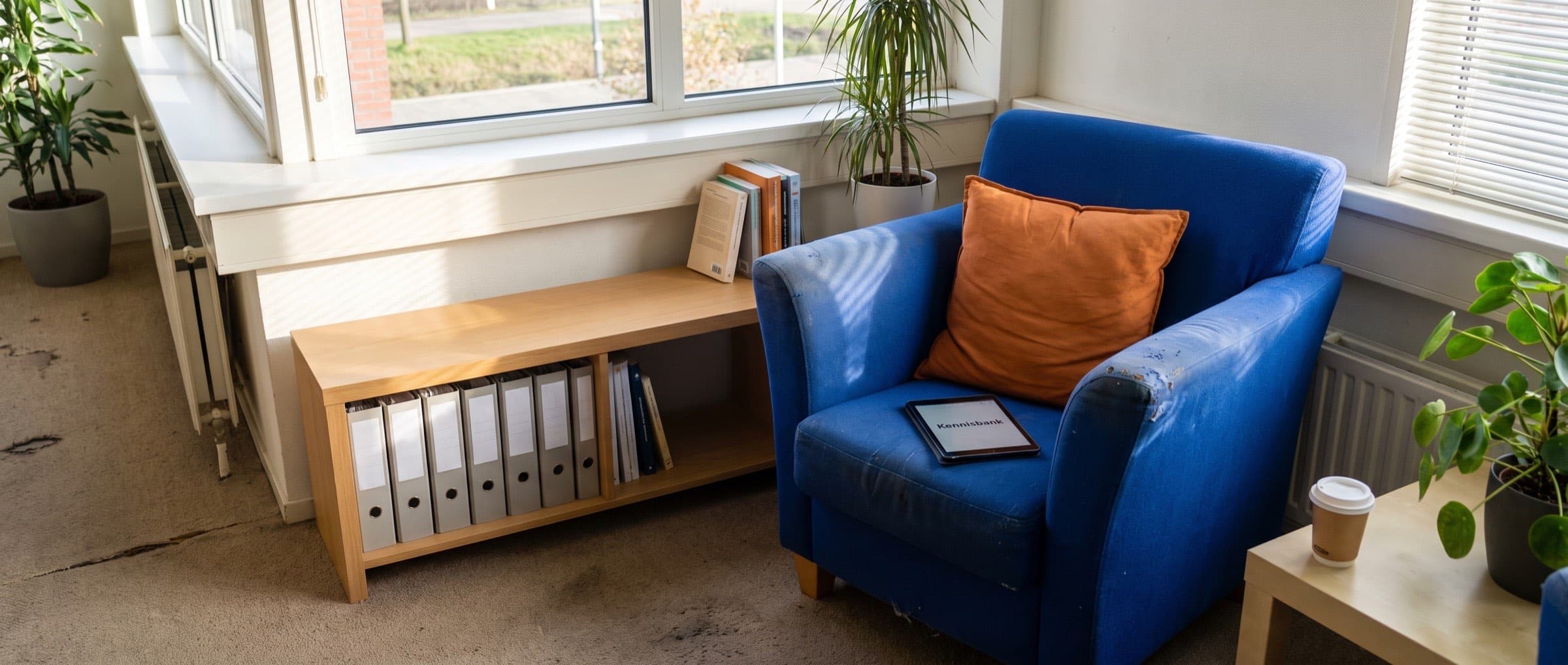 Leeshoek in een kantoor met naslagwerk en een tablet op een stoel