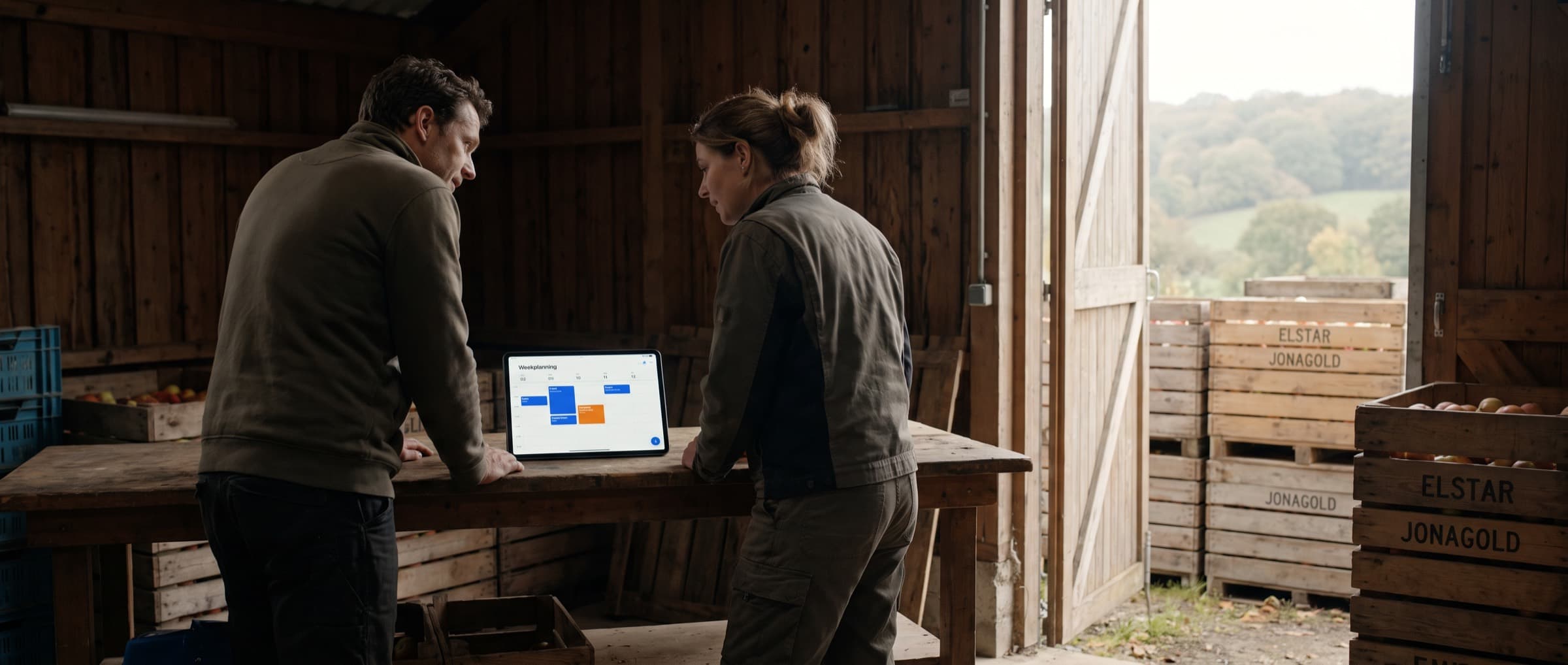 Twee mensen in overleg aan een werkbank in een schuur van een fruitteler in de Utrechtse Heuvelrug, een tablet met de planning ligt tussen hen in