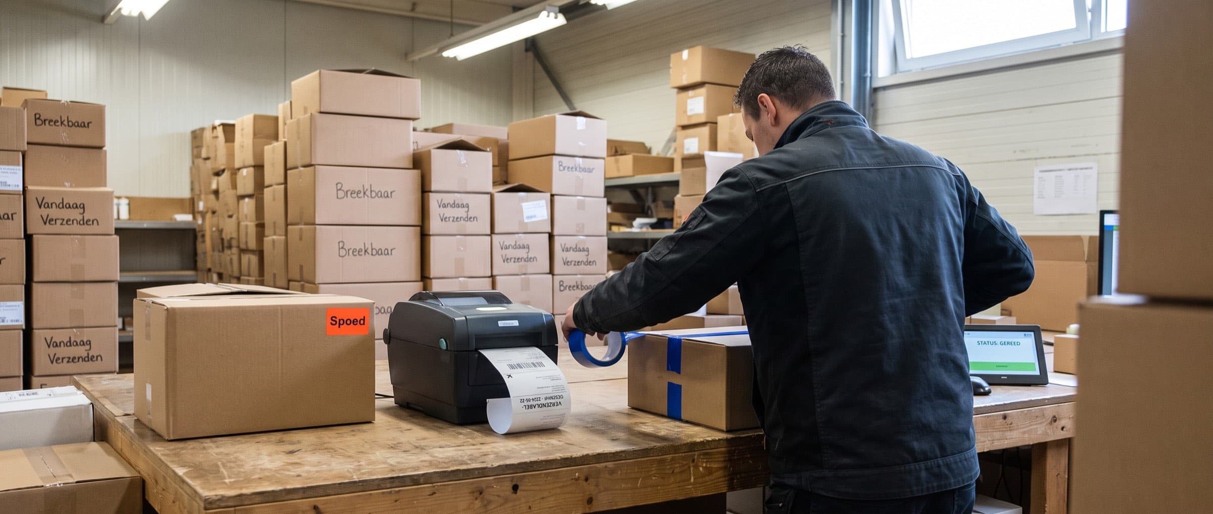 Webshopmedewerker pakt orders in met stapels verzendklare dozen