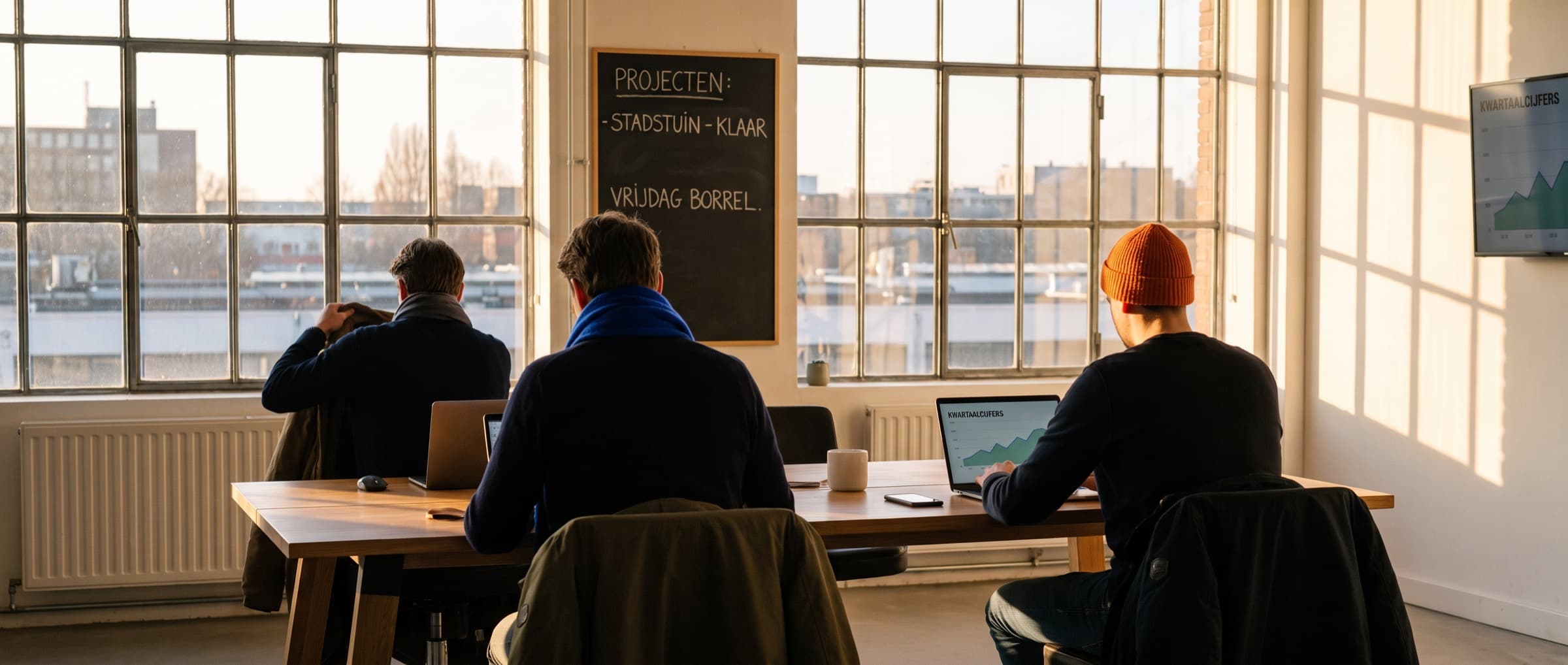 Team van een creatief bureau ruimt aan het eind van de dag op
