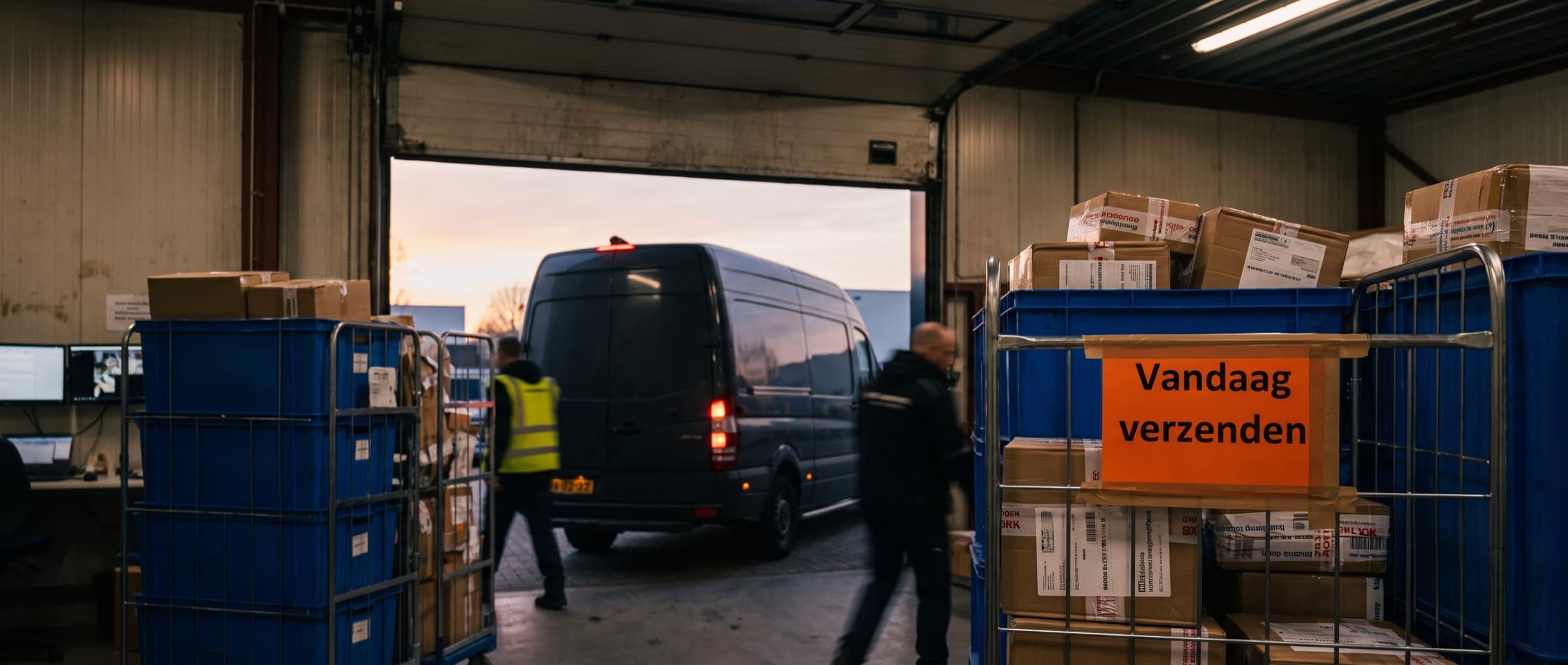 Pakketten staan klaar voor ophalen bij een webshop