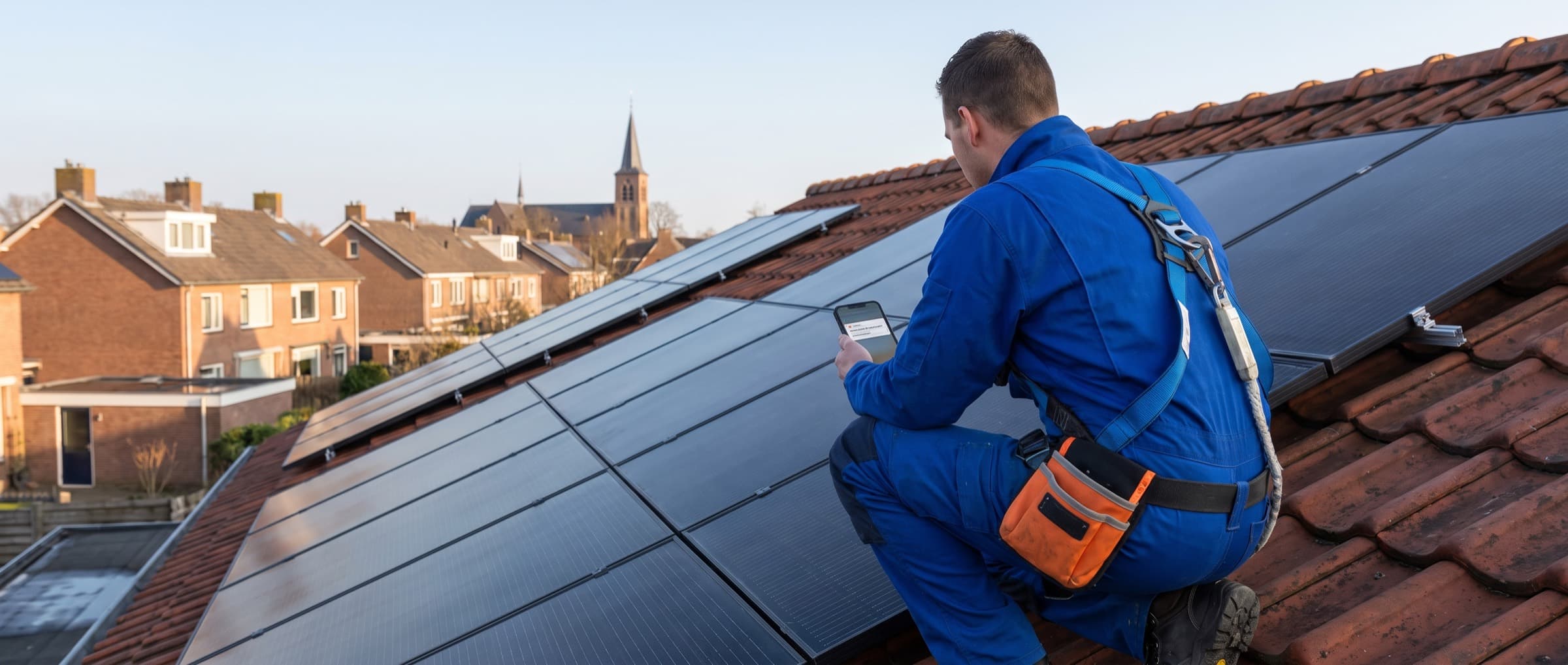 Monteur in blauwe werkkleding op een dak met zonnepanelen kijkt op zijn telefoon, met een Nederlandse woonwijk op de achtergrond