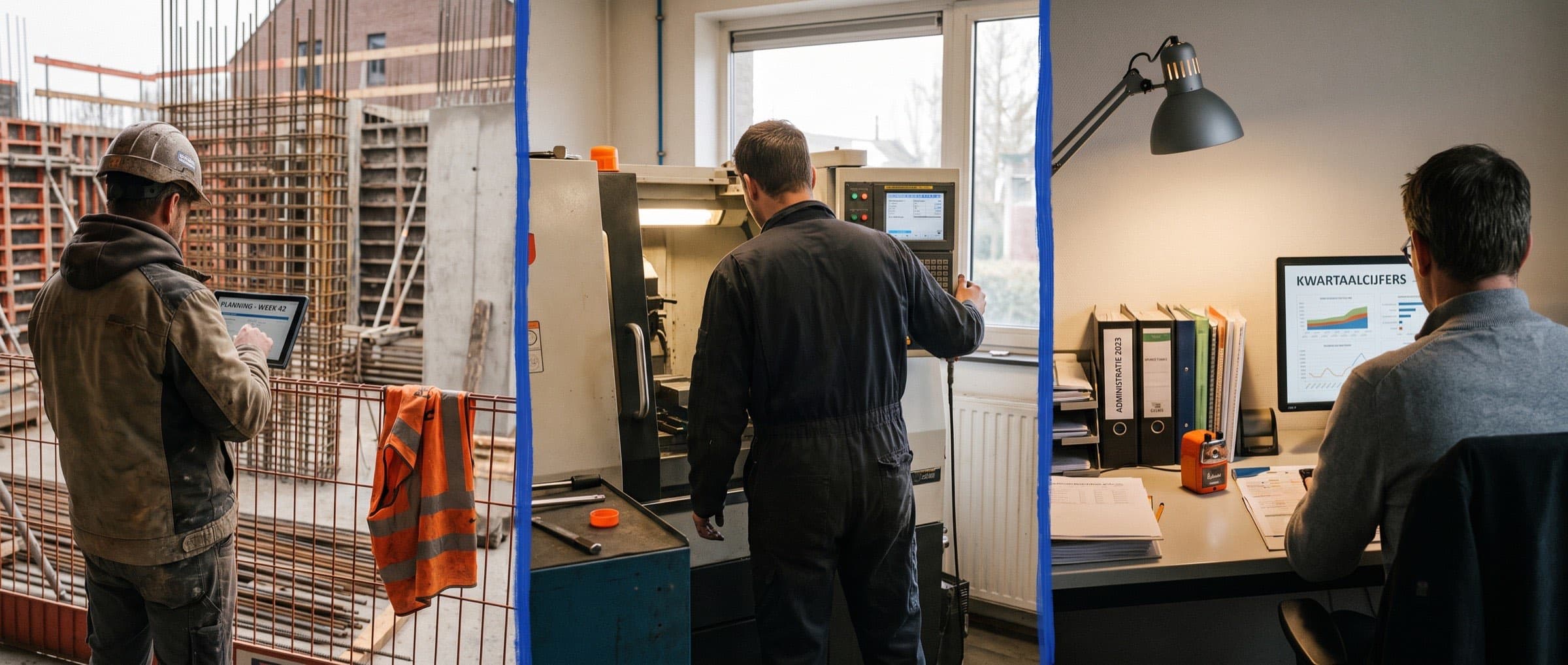 Collage-achtig beeld van een bouwplaats, werkplaats en kantoor