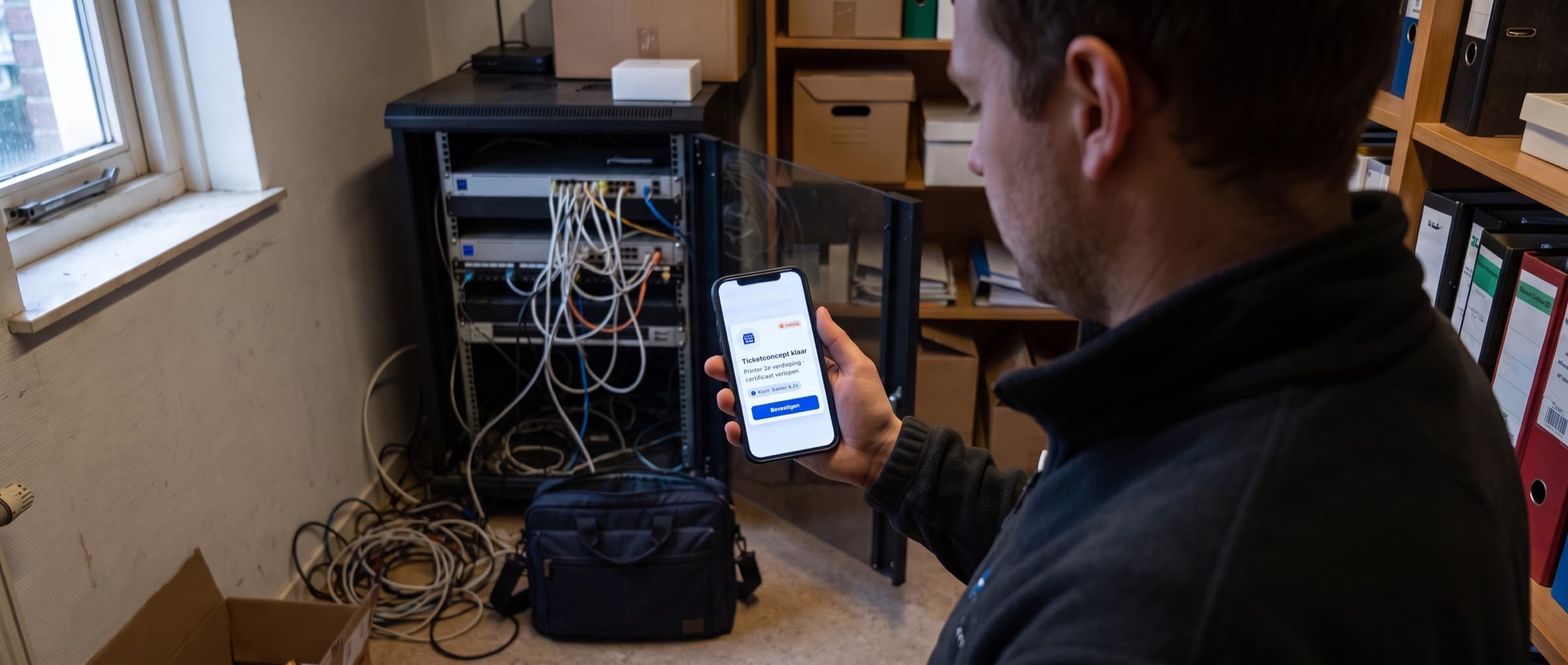 IT-technicus in de serverkast van een klant met een telefoon in de hand waarop een klaargezet ticketconcept staat