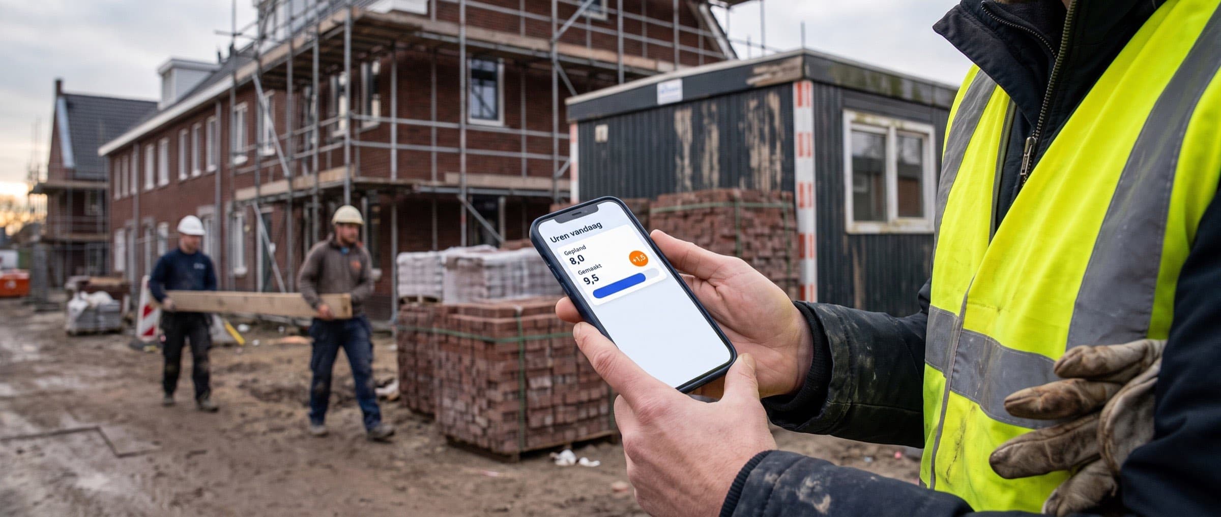 Uitvoerder op een bouwplaats houdt een telefoon vast met de uren van vandaag: 8 gepland, 9,5 gemaakt