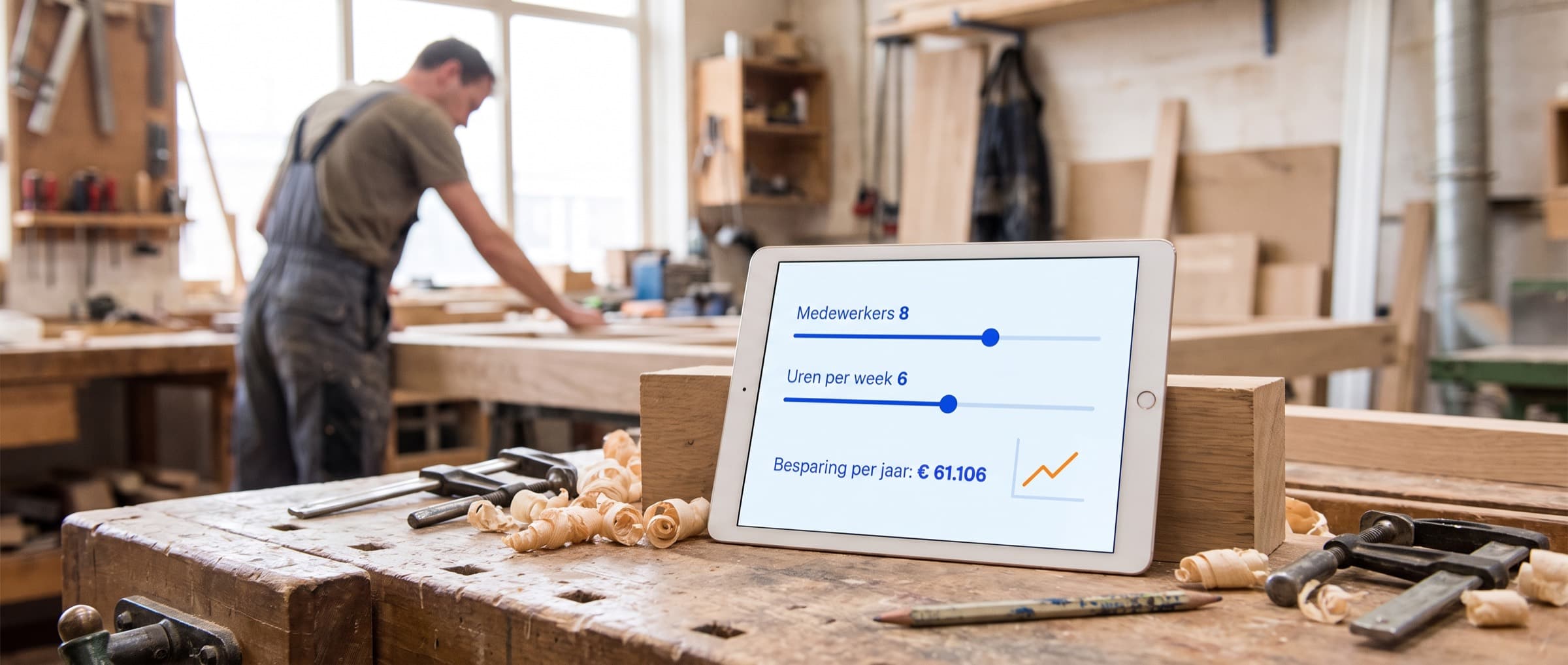 Tablet op een werkbank in een werkplaats met de besparingscalculator: uren handwerk per week omgerekend naar kosten per jaar