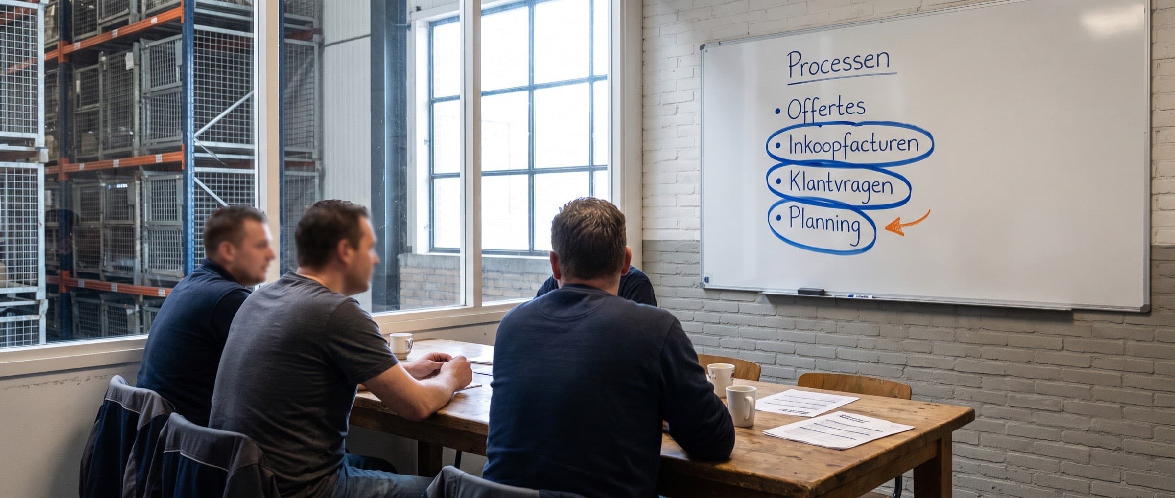 Overleg aan een vergadertafel bij een groothandel, met op het whiteboard een lijst processen en drie omcirkelde AI-kansen