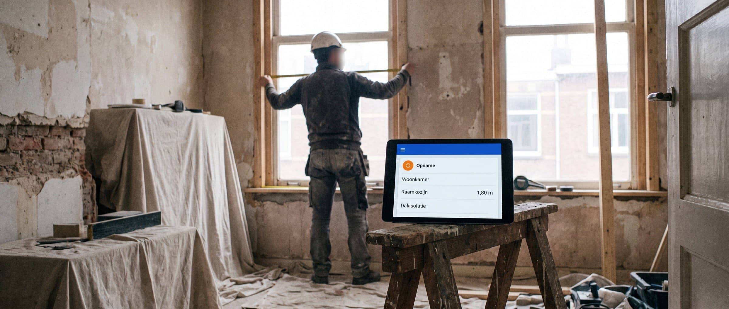Opnemer meet met een rolmaat een raamkozijn op in een woning in renovatie, met een tablet op een schraag naast zich