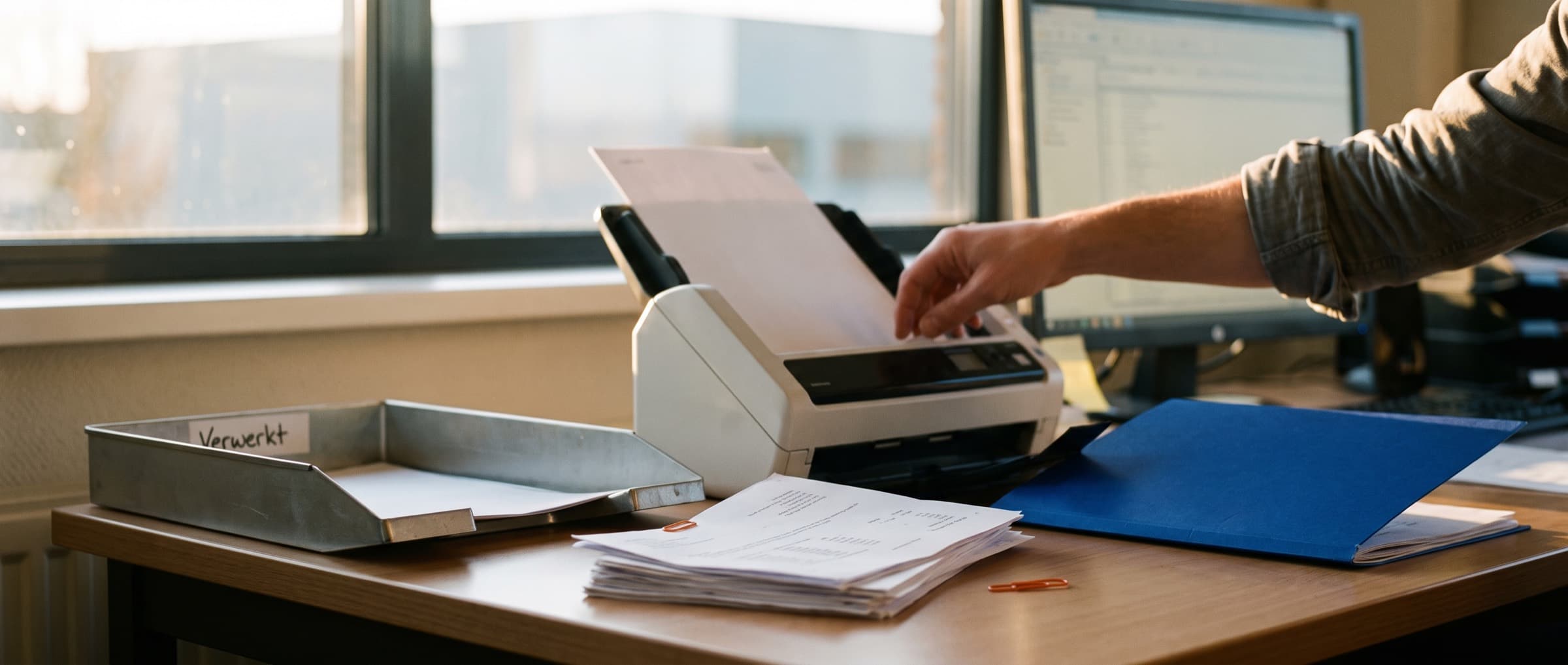 Bureau op de administratie van een groothandel met een slinkende stapel inkoopfacturen en pakbonnen naast een documentscanner
