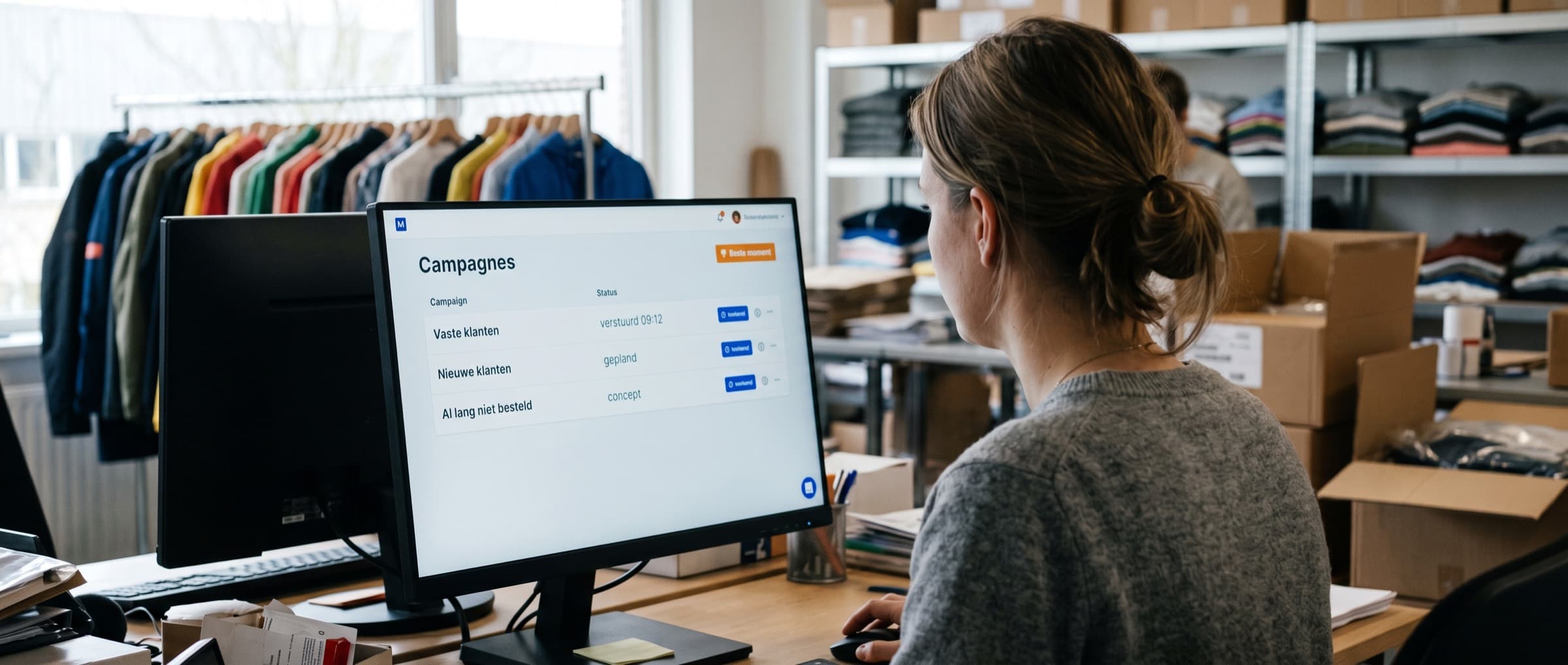 Medewerker van een kledingwebshop kijkt over de schouder naar een overzicht van e-mailcampagnes per klantsegment, met kledingrekken op de achtergrond