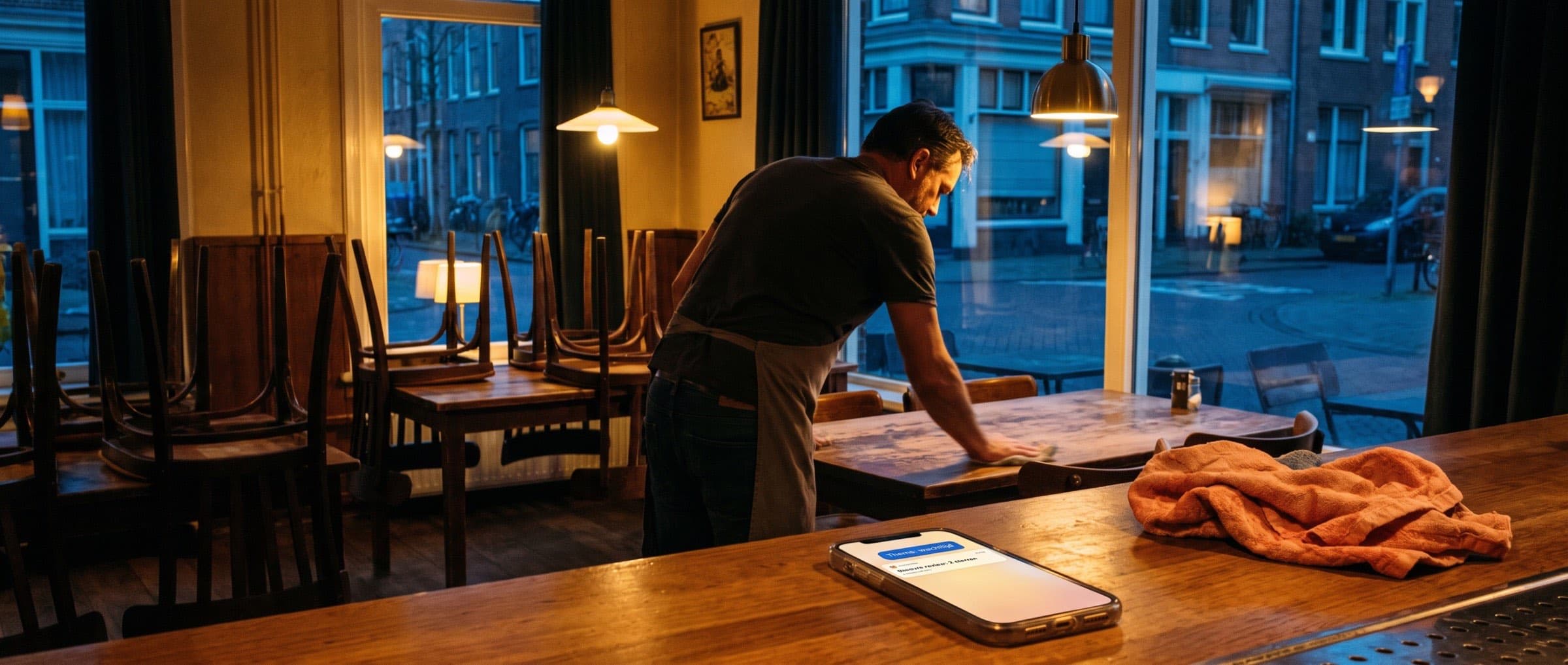 Leeg restaurant na sluitingstijd, de eigenaar ruimt een tafel af terwijl een telefoon op de bar een nieuwe reviewmelding toont