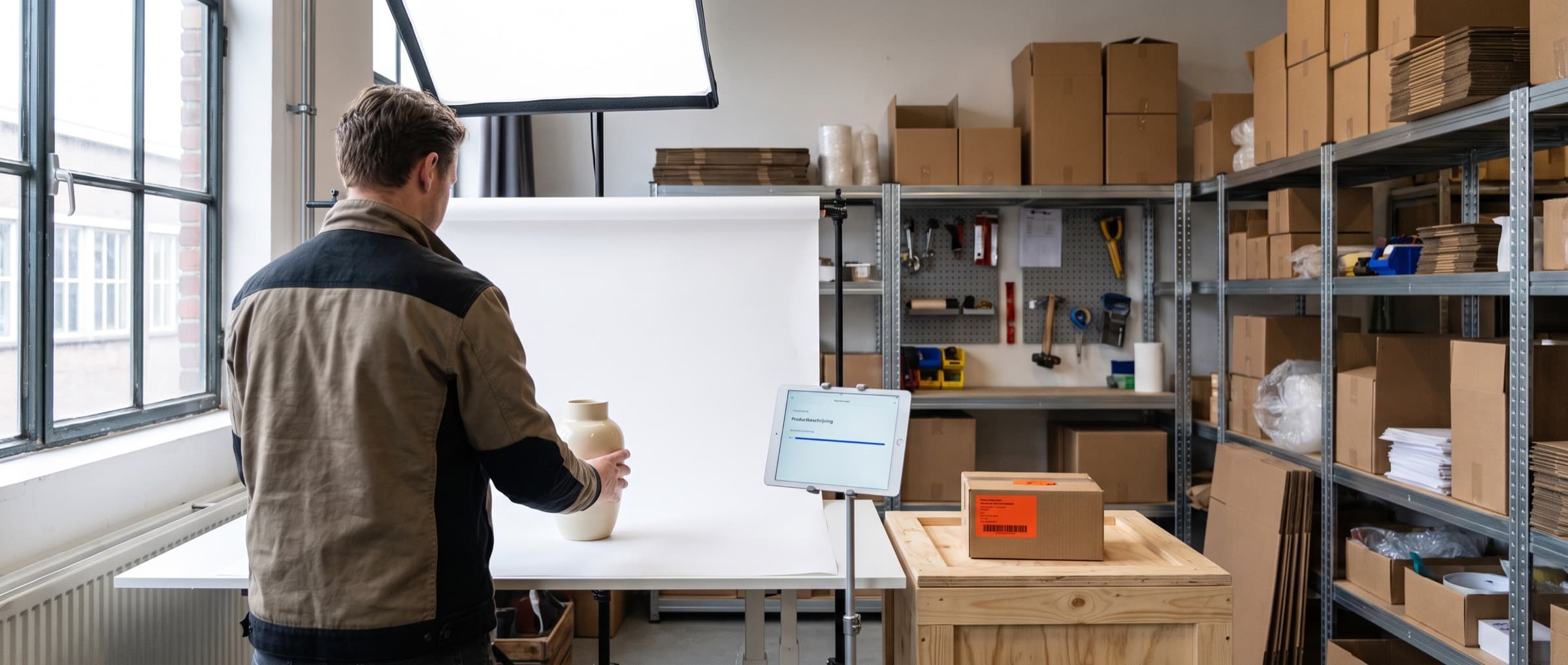 Fotohoek van een webshop waar een medewerker een product op tafel zet, met op een tablet ernaast de productbeschrijving die klaarstaat voor review