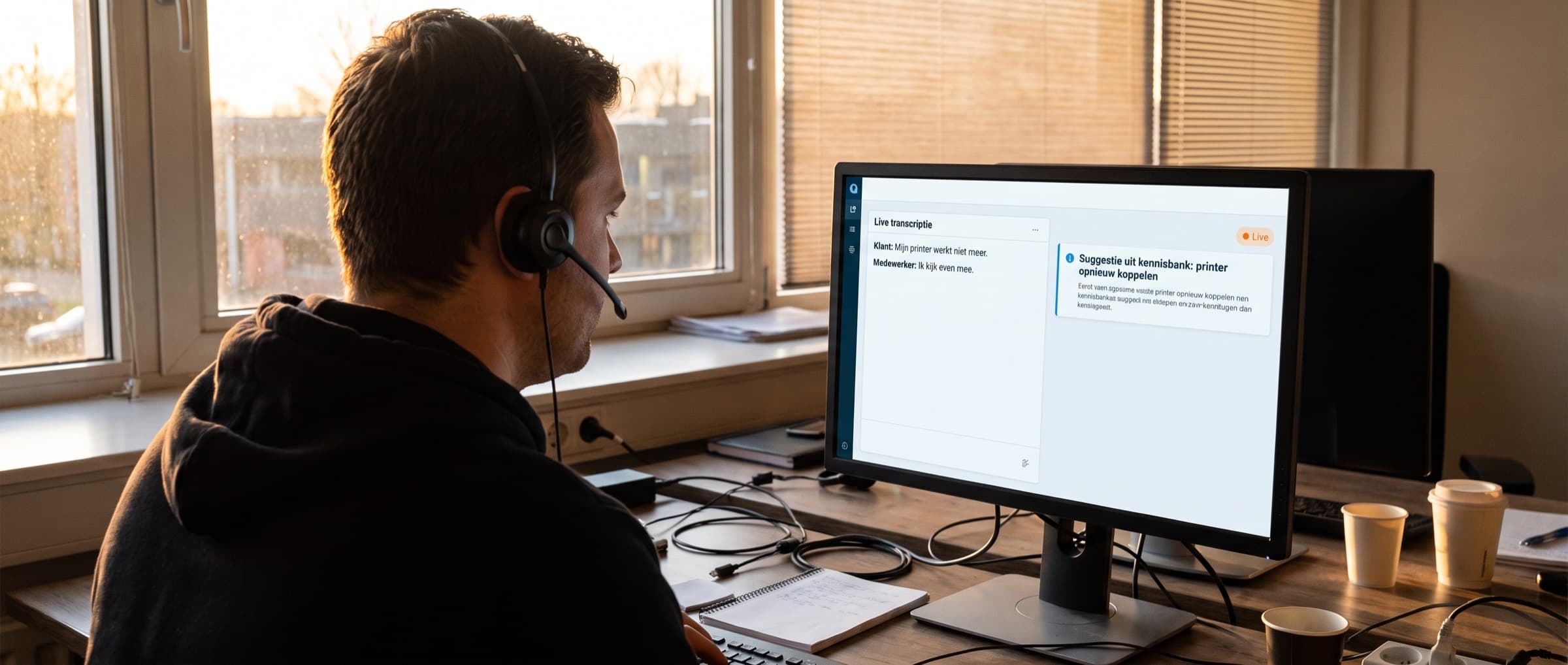 Medewerker van een IT-dienstverlener met headset aan de telefoon, op het scherm loopt de live transcriptie met een oplossingssuggestie