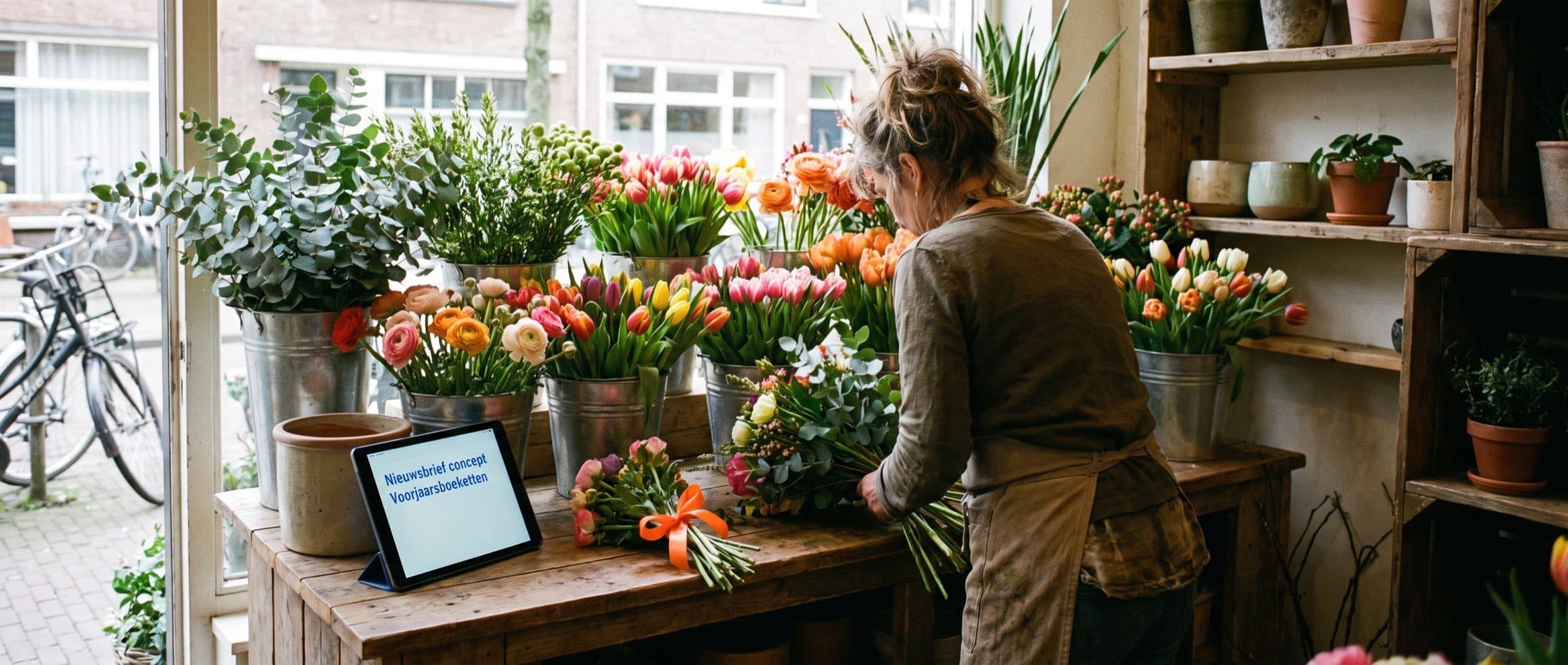 Eigenaar van een bloemenzaak schikt een boeket, met op de toonbank een tablet met een conceptnieuwsbrief