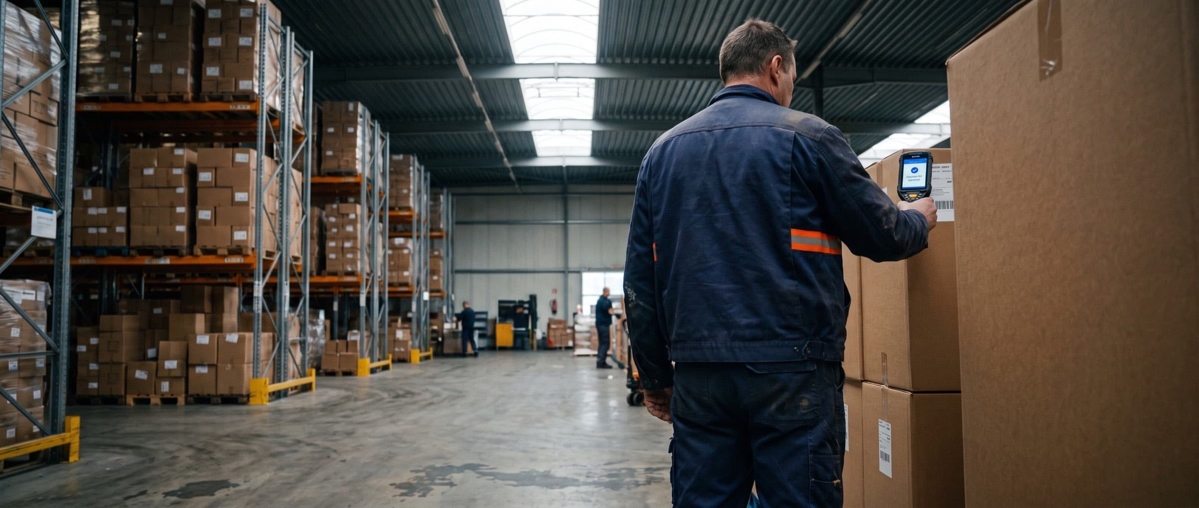 Magazijnmedewerker van een groothandel scant een doos tussen hoge stellingen; de order loopt vanzelf door naar ERP en boekhouding