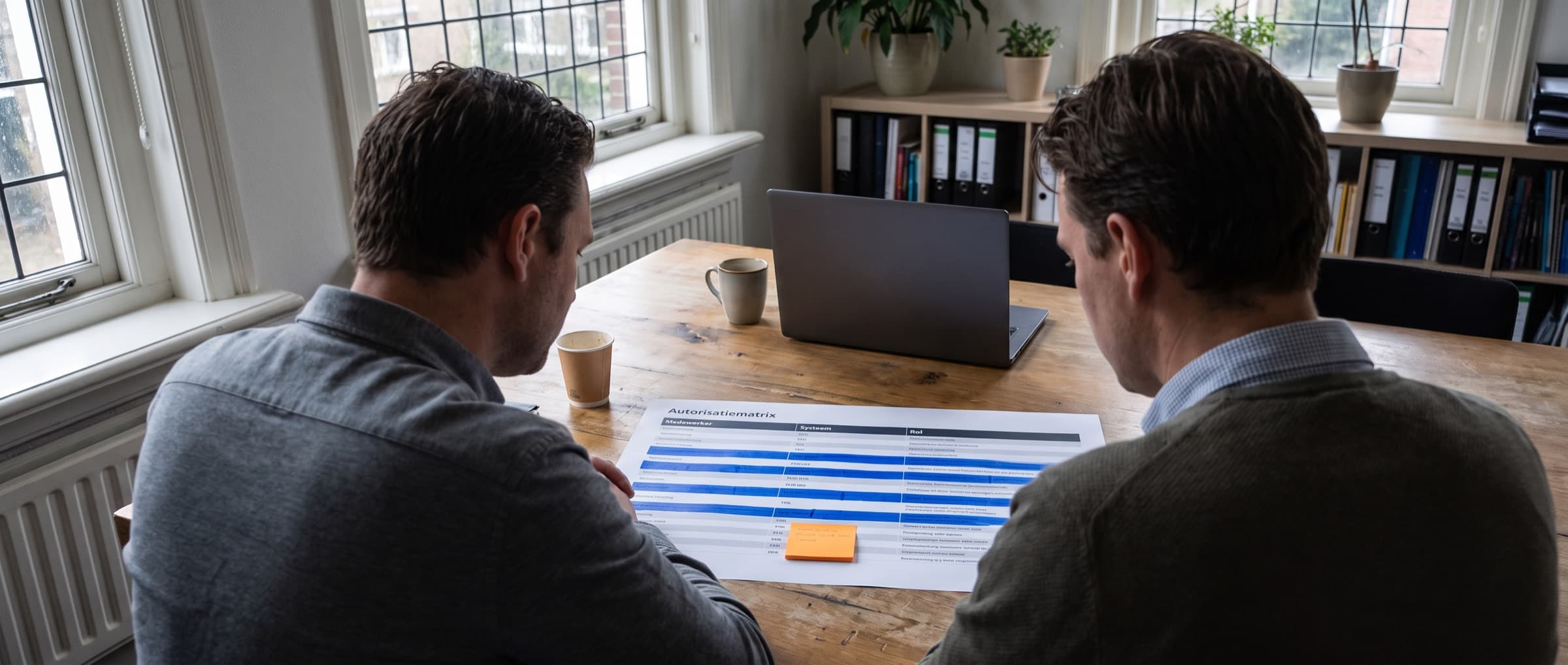 Twee medewerkers van een accountantskantoor bespreken aan tafel een uitgeprinte autorisatiematrix met gemarkeerde regels