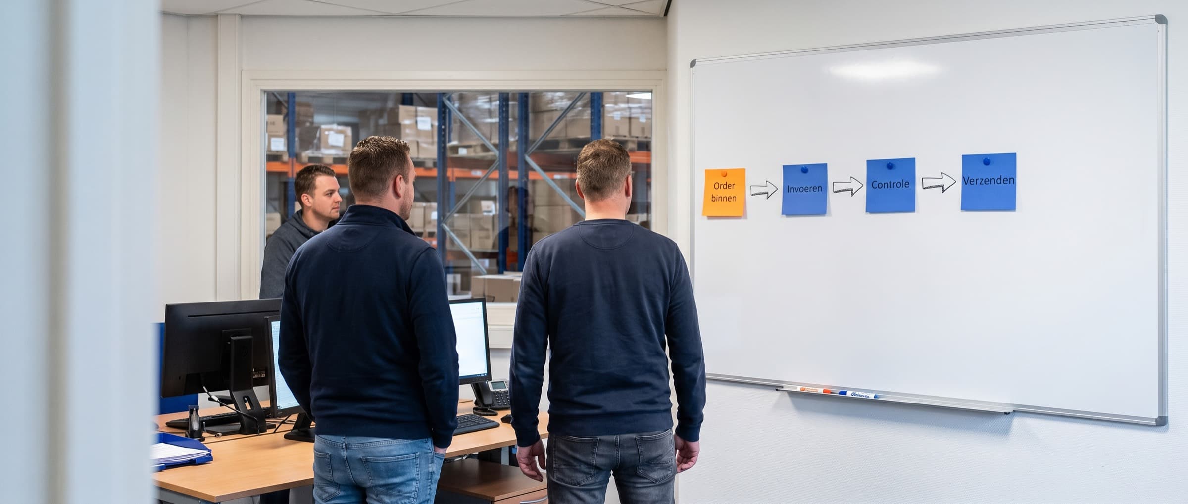 Team van een logistiek bedrijf tekent bij een whiteboard de stappen van hun orderproces uit, met post-its en pijlen