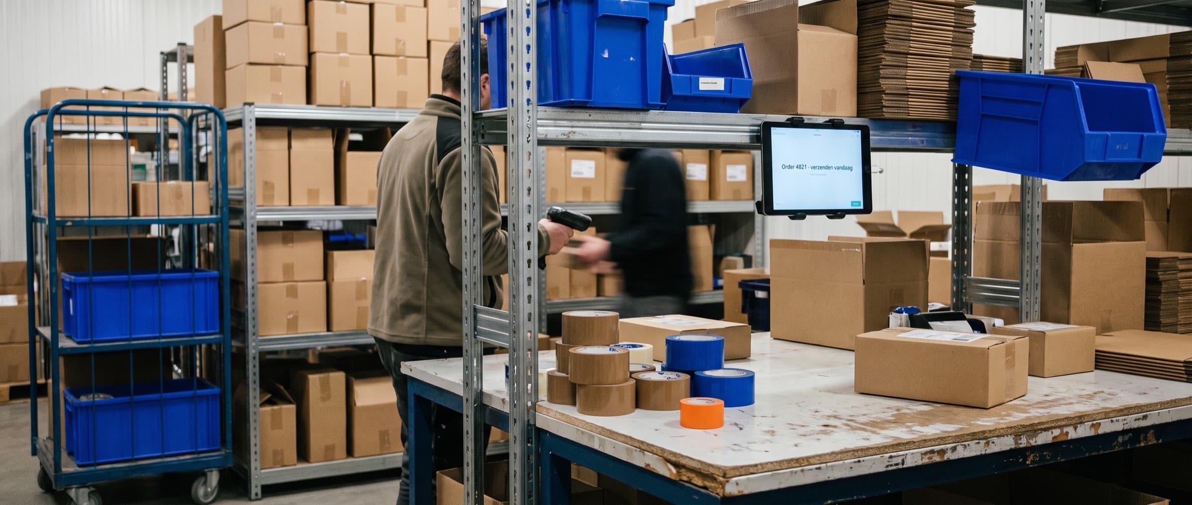 Medewerker van een webwinkel scant een product tussen de stellingen van een klein magazijn