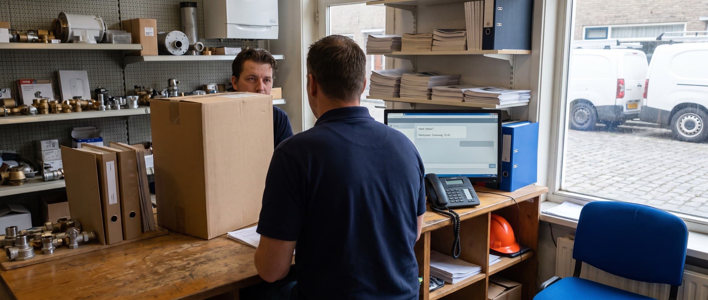 Receptiemedewerker van een installatiebedrijf helpt een klant aan de balie, terwijl de telefoon naast haar stil blijft