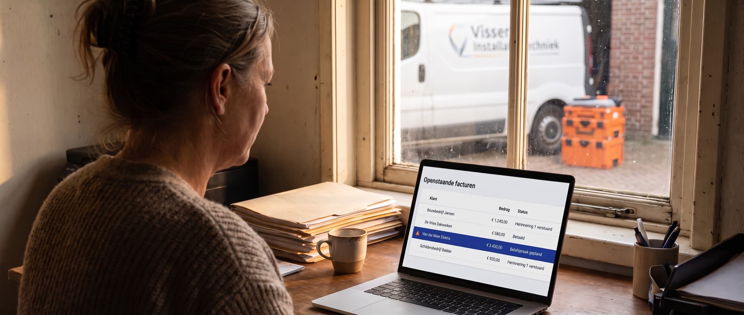 Medewerker in het kantoor van een installatiebedrijf kijkt naar een overzicht van openstaande facturen