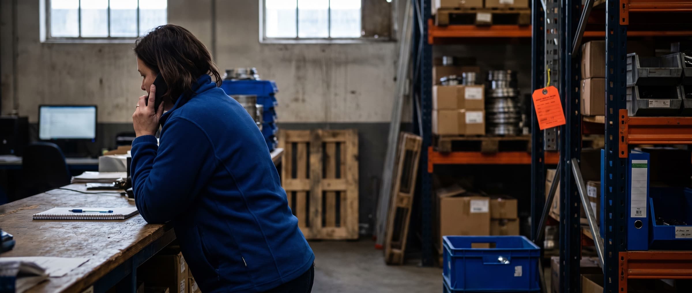 Medewerker van de binnendienst van een groothandel belt staand bij de balie een klant terug, met magazijnstellingen op de achtergrond