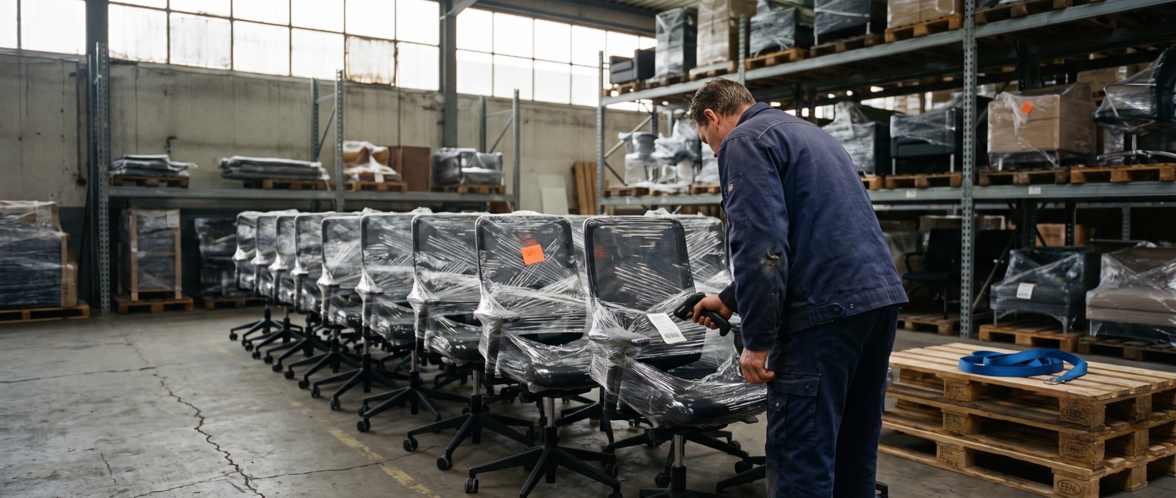 Medewerker scant een partij gebruikte bureaustoelen tussen de stellingen van een magazijn