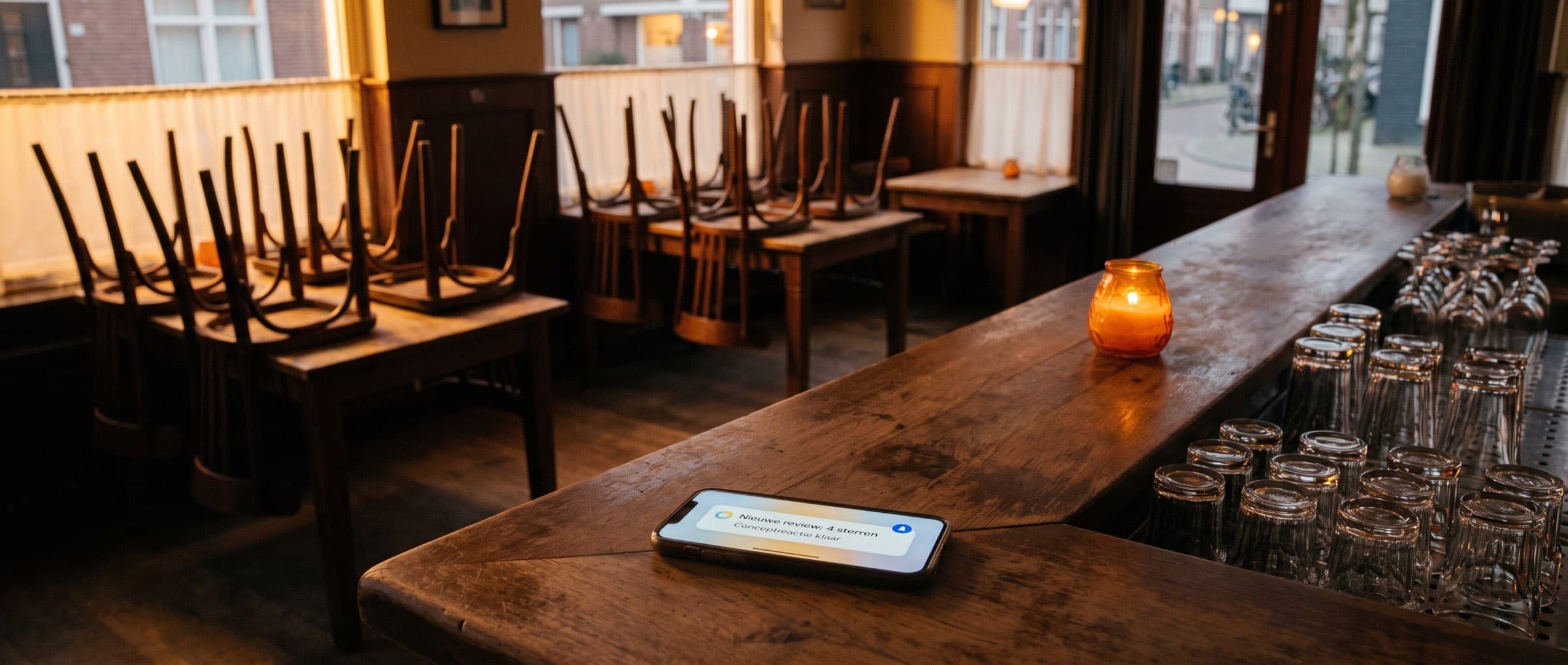 Lege restaurantzaal na sluitingstijd, stoelen op de tafels, op de bar een telefoon met een melding over een nieuwe review