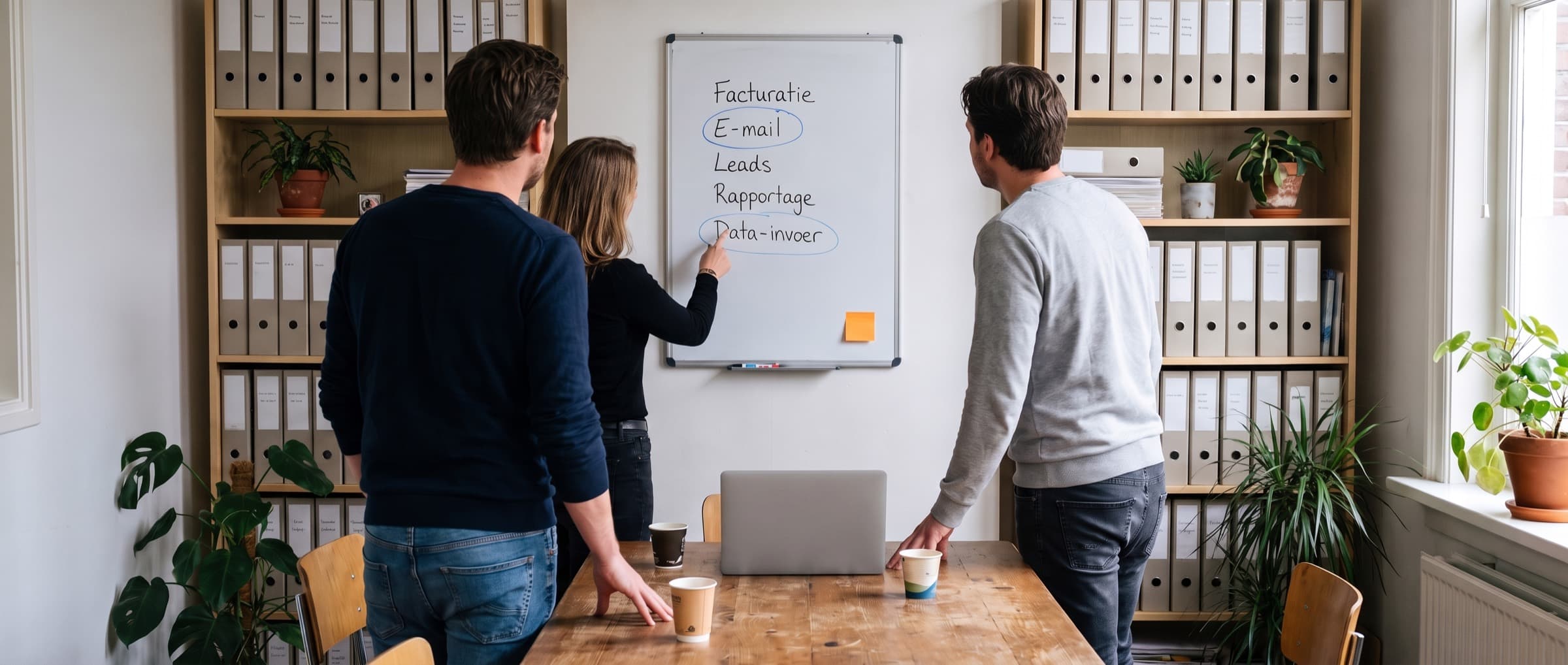 Drie medewerkers van een accountantskantoor aan tafel voor een whiteboard met vijf processen, waarvan er twee zijn omcirkeld
