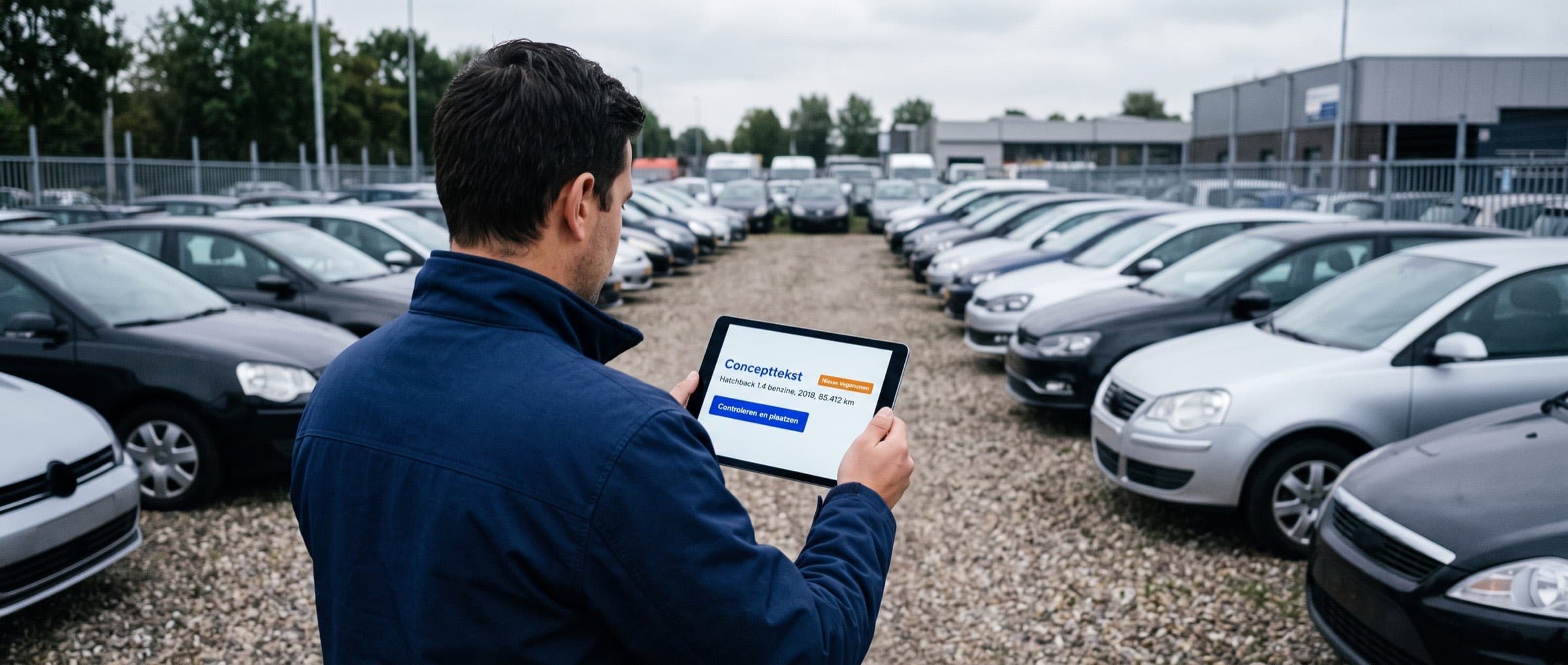 Verkoper van een autobedrijf staat tussen de occasions en controleert op een tablet de concepttekst van een advertentie