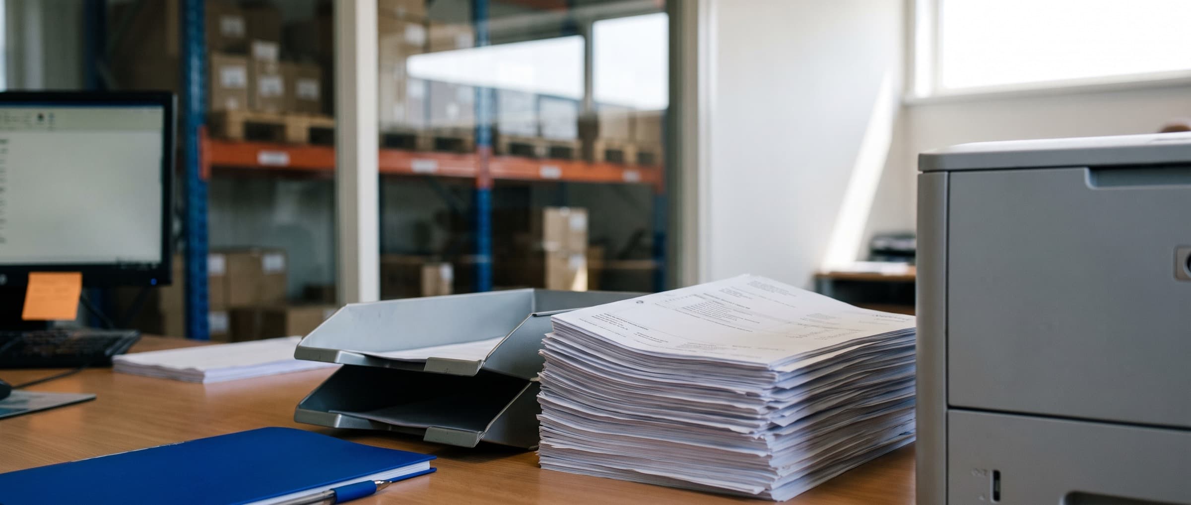 Bureau in het kantoor van een groothandel met een slinkende stapel papieren inkoopfacturen naast de printer