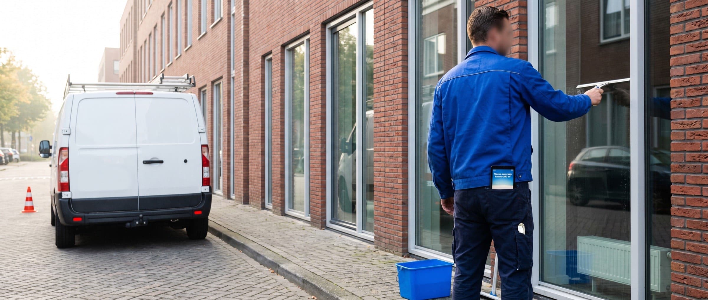 Glazenwasser lapt de ramen van een kantoorpand, met zijn telefoon in de borstzak die een nieuwe offerteaanvraag meldt