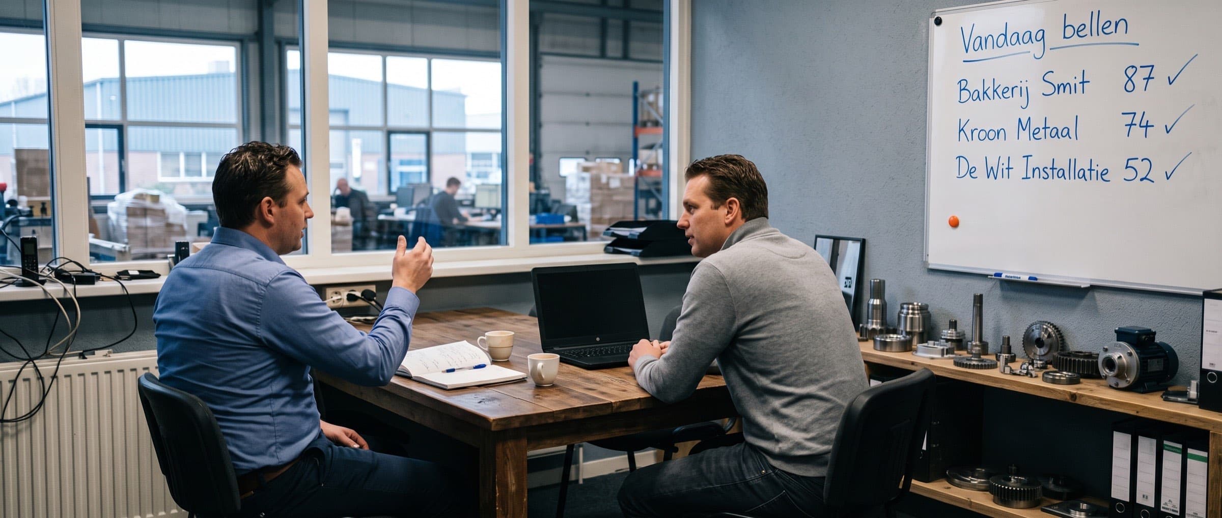 Twee verkopers van een B2B-bedrijf overleggen aan tafel bij een whiteboard met de drie best scorende leads van vandaag