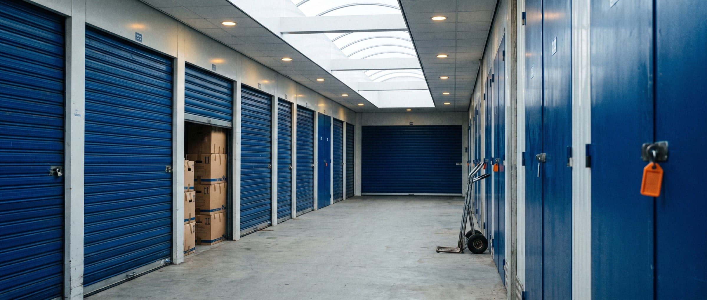 Lege gang in een self-storage-gebouw met rolluiken van opslagunits in verschillende formaten, één unit staat open