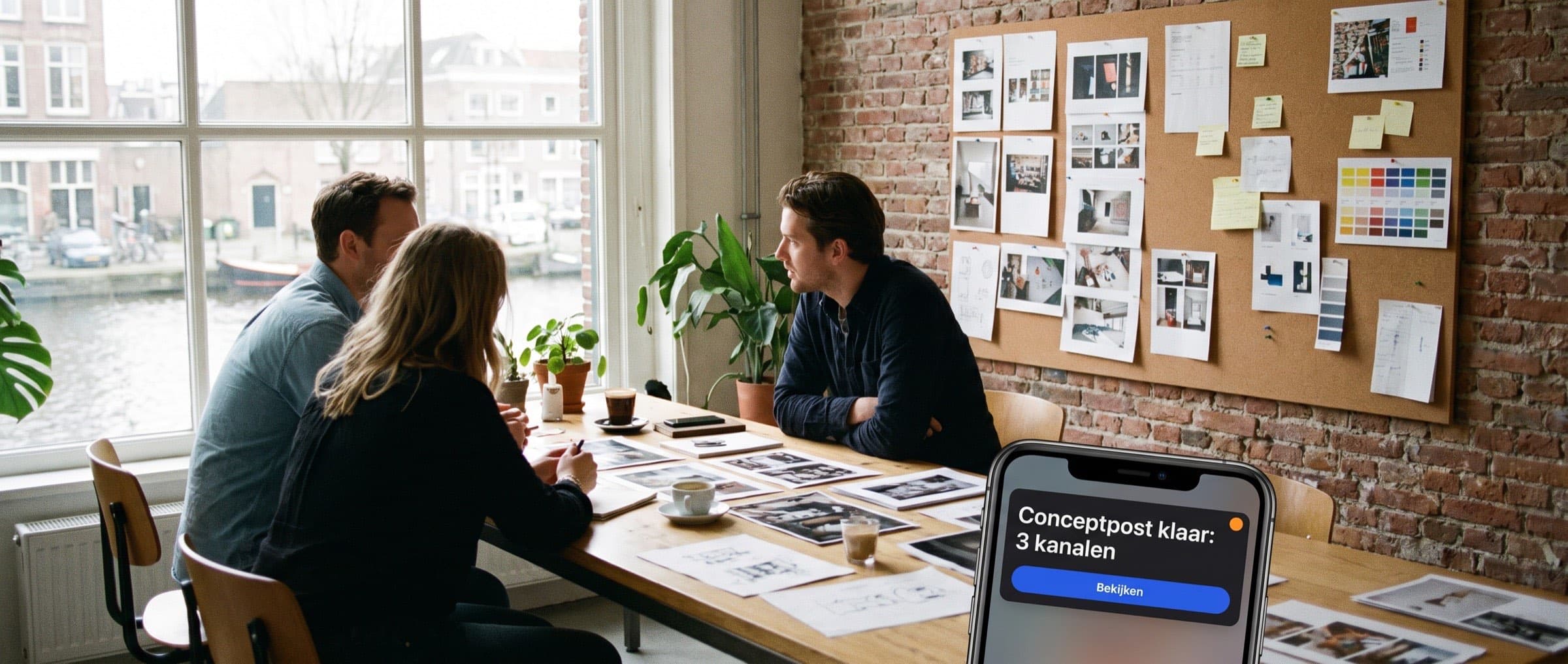 Twee medewerkers van een klein ontwerpbureau overleggen aan een werktafel met prints, een telefoon toont een melding over een nieuwe conceptpost