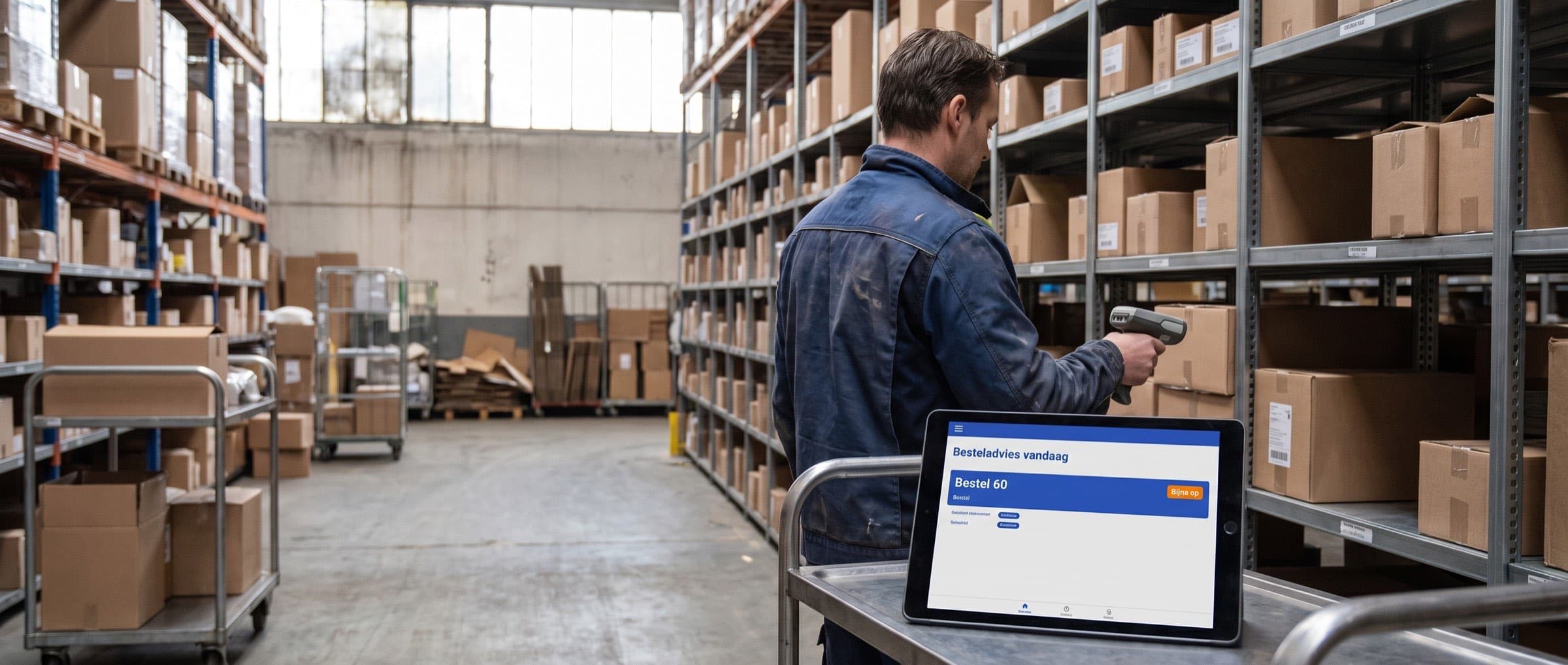 Magazijnmedewerker van een webshop scant dozen tussen de stellingen, op een karretje ligt een tablet met het besteladvies