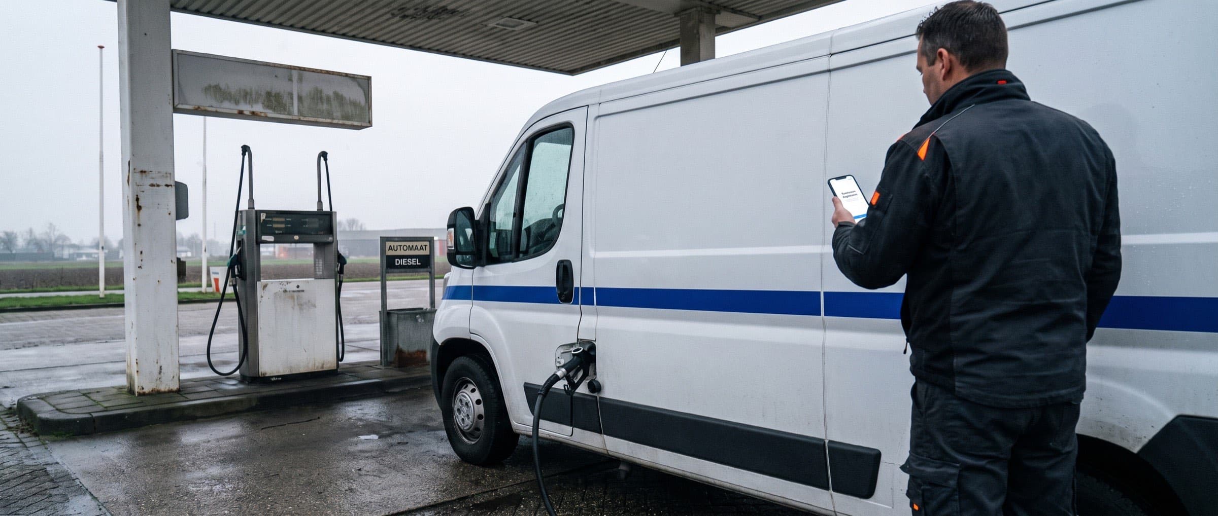 Chauffeur van een installatiebedrijf legt bij de pomp een tankbeurt vast op zijn telefoon, met de bedrijfsbus op de achtergrond