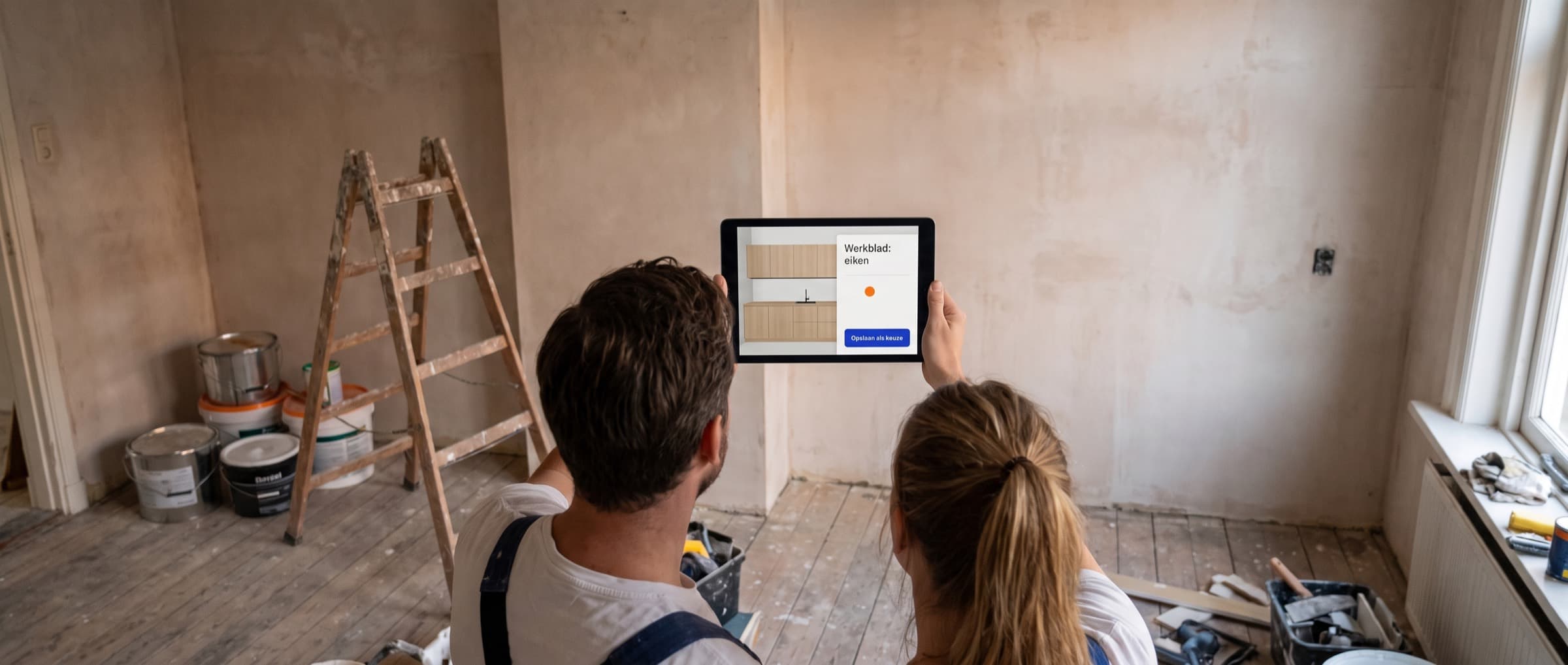 Bewoners houden een tablet omhoog in hun lege keukenruimte en zien daarop het 3D-ontwerp van de nieuwe keuken