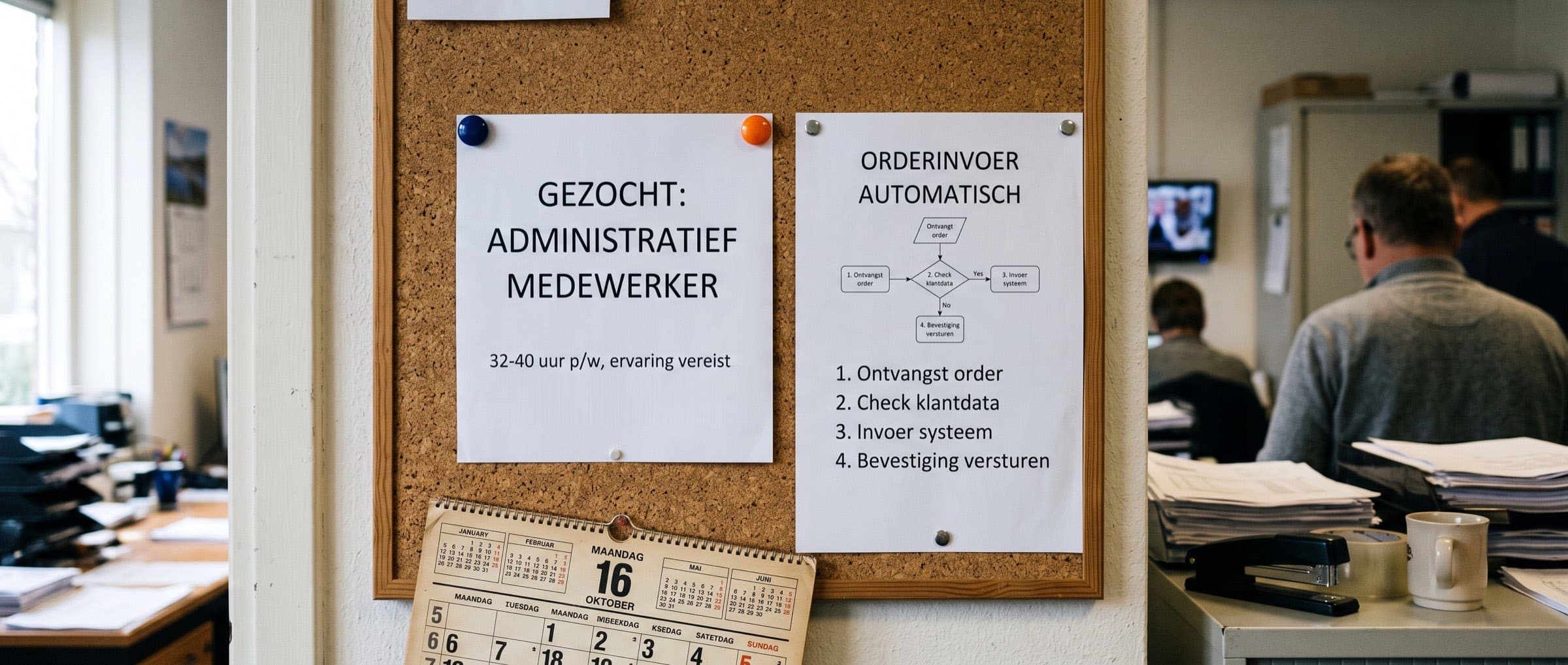 Prikbord met een vacature naast een uitgeprint procesoverzicht