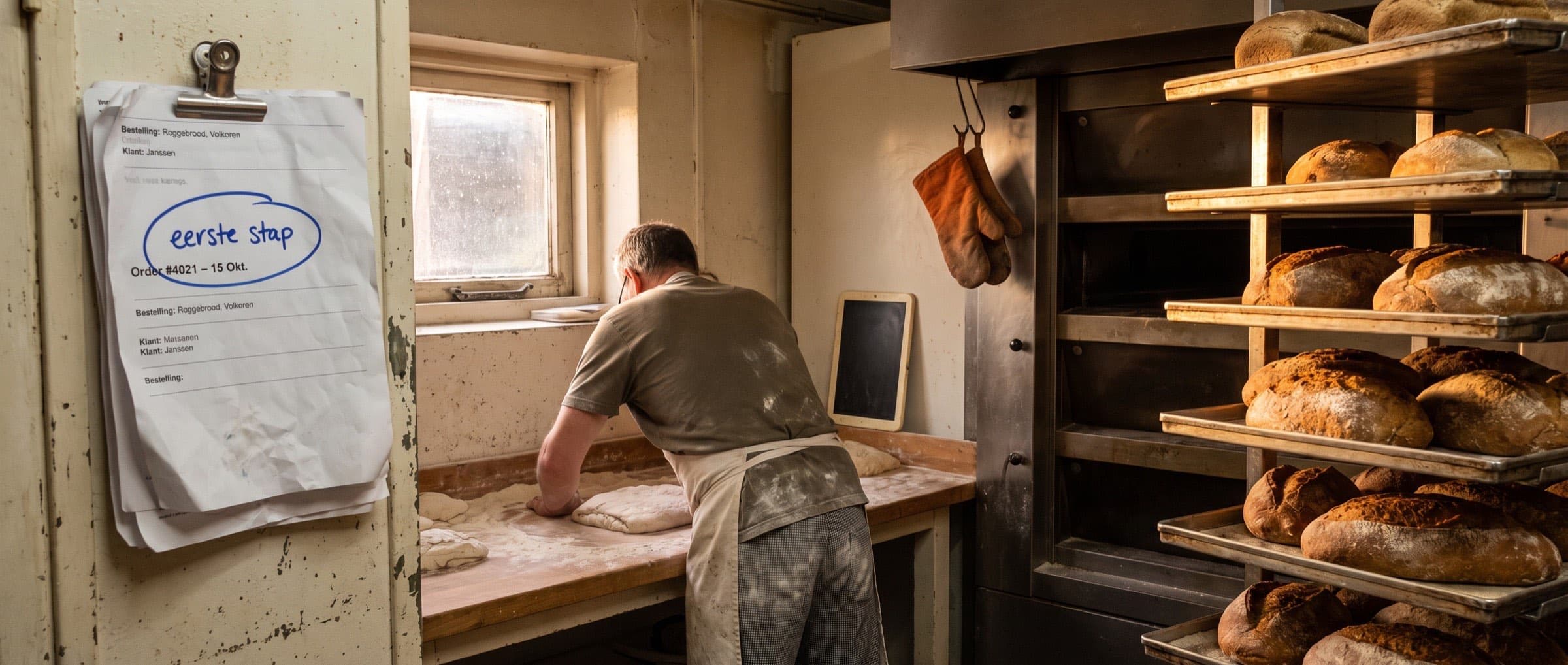 Medewerker van een bakkerij met uitgeprinte bestellingen op de werkbank