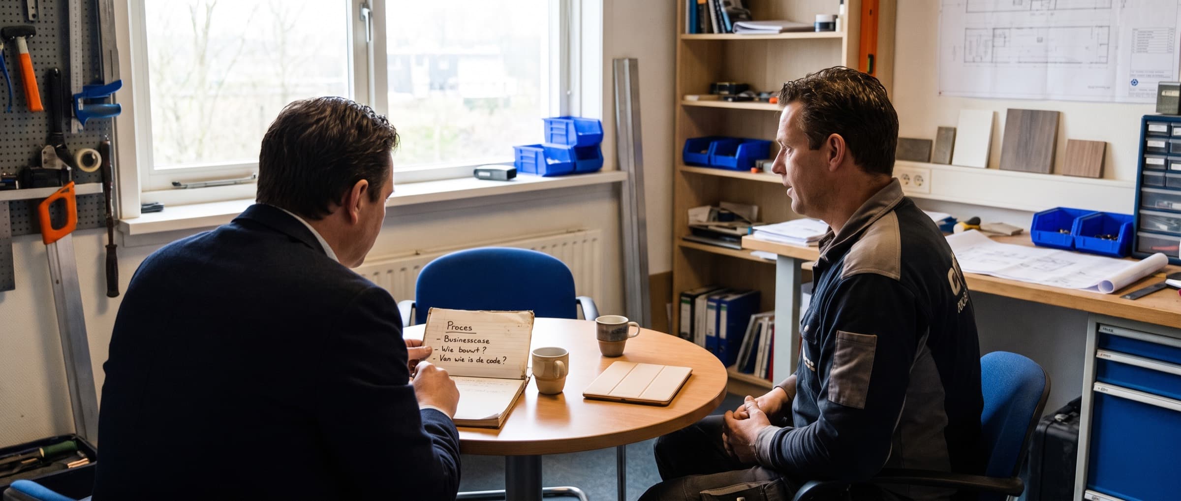 Ondernemer en bouwer in gesprek aan een tafel met notities